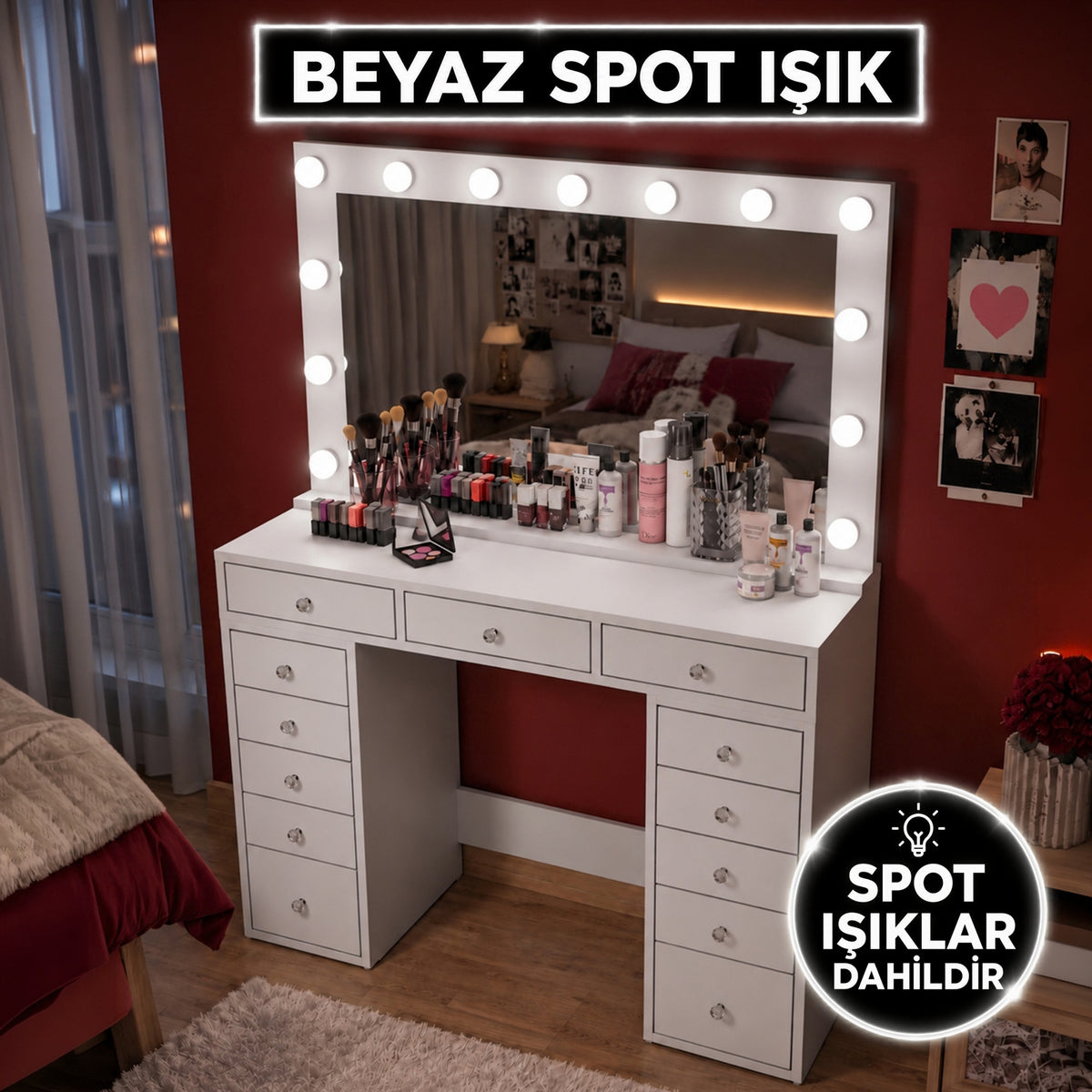 Rani BJ196 Makyaj Masası 13 Çekmeceli Takı Düzenleyici Beyaz