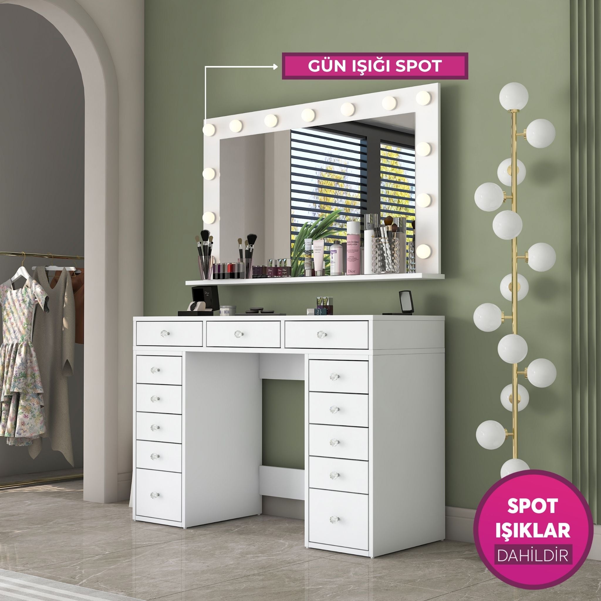 Rani BJ198 Makyaj Masası 13 Çekmeceli Takı Düzenleyici Günışığı