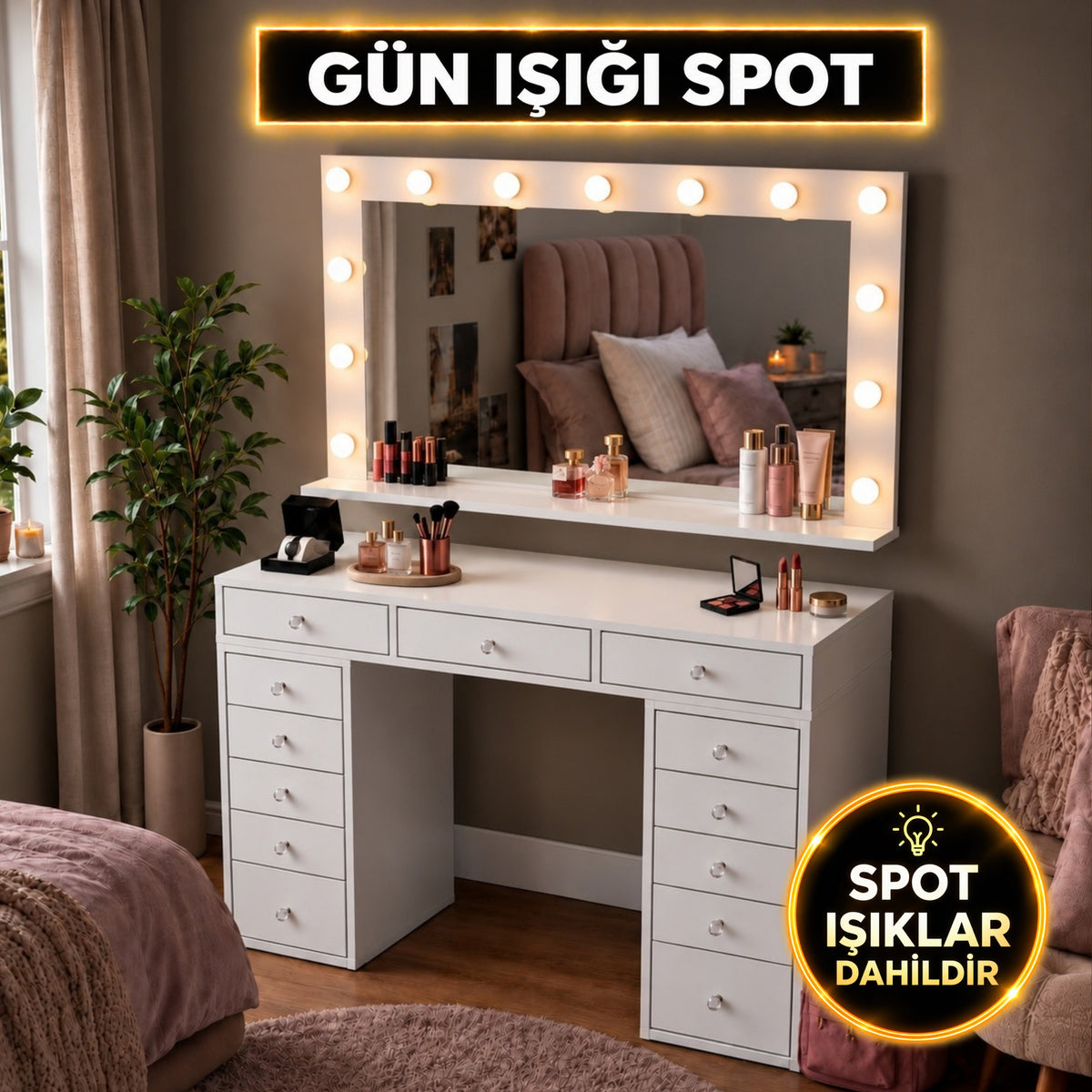 Rani BJ198 Makyaj Masası 13 Çekmeceli Takı Düzenleyici Günışığı