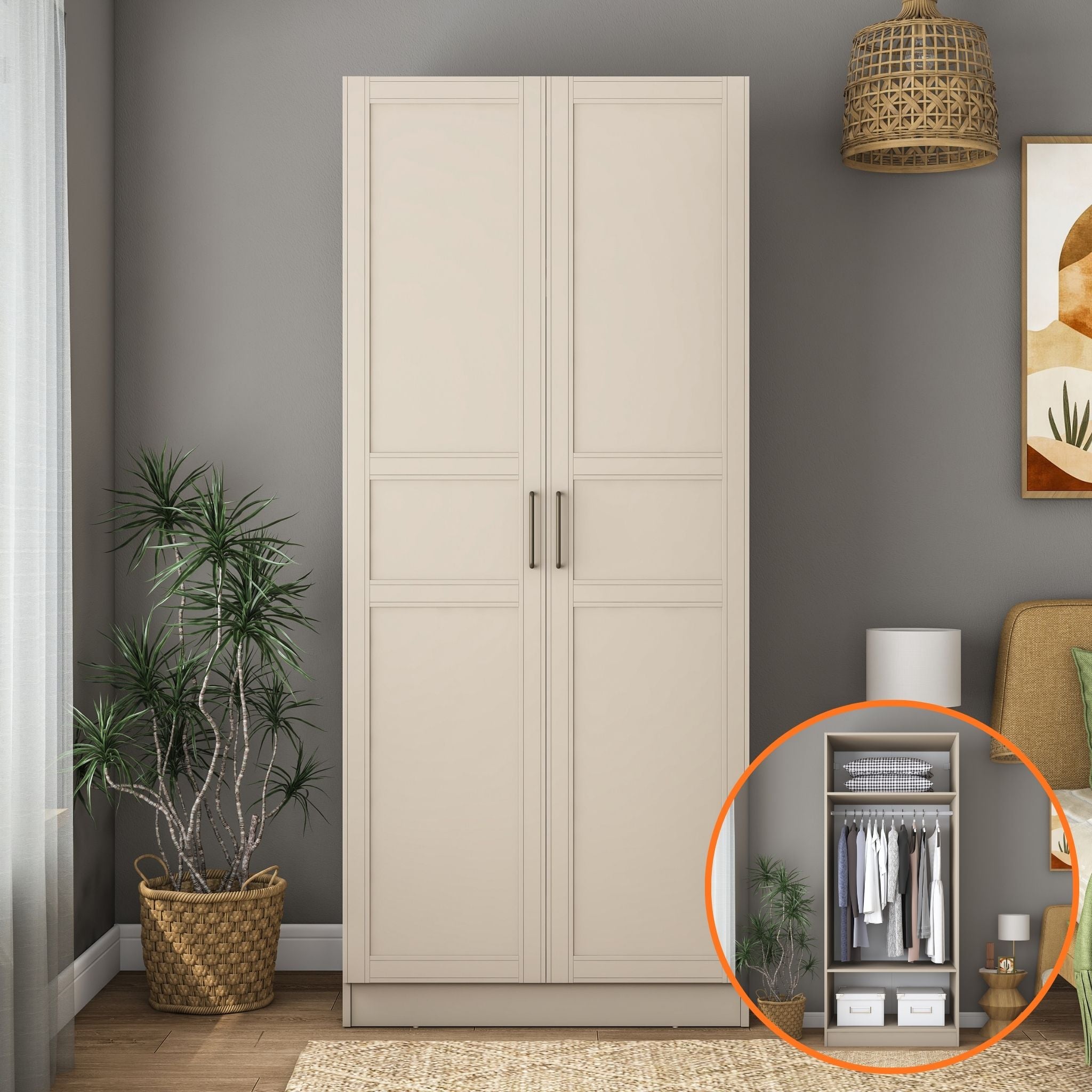 Rani BA250 Membran Kapaklı Gardırop 2 Kapaklı 2 Raflı Elbise Dolabı Kumtaşı