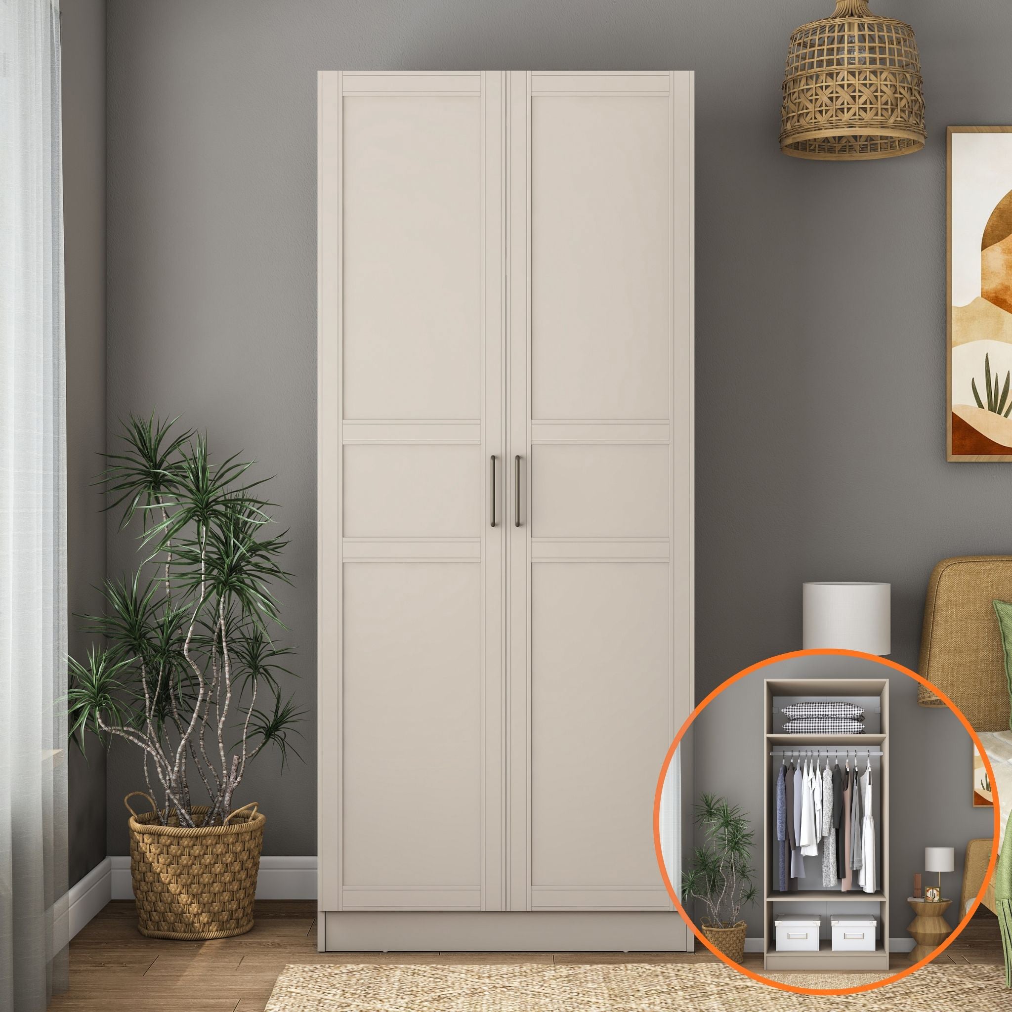 Rani BA250 Membran Kapaklı Gardırop 2 Kapaklı 2 Raflı Elbise Dolabı Kumtaşı