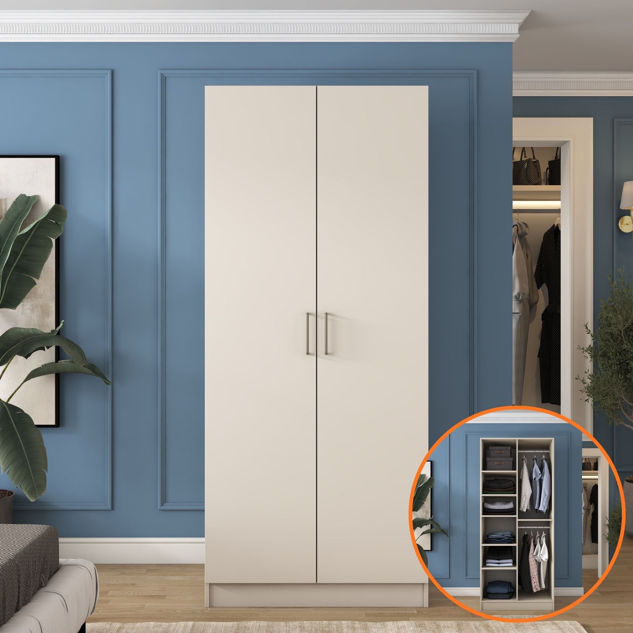 Rani BA241 Gardırop 2 Kapaklı 6 Raflı 2 Askılı Elbise Dolabı Kumtaşı