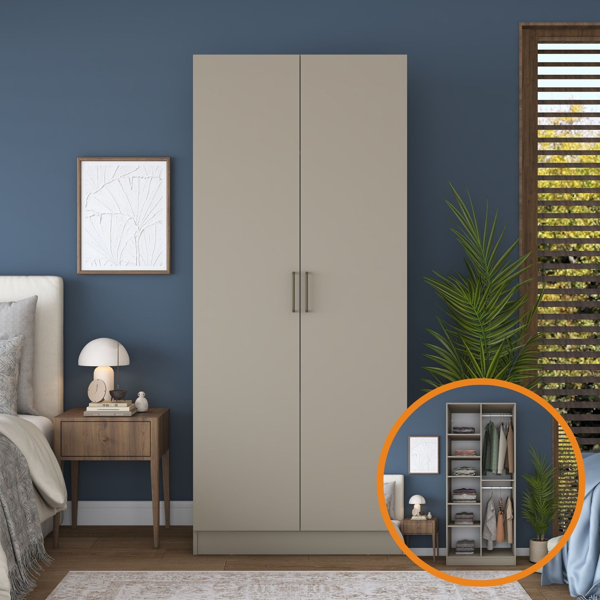 Rani BA241 Gardırop 2 Kapaklı 6 Raflı 2 Askılı Elbise Dolabı Kumtaşı