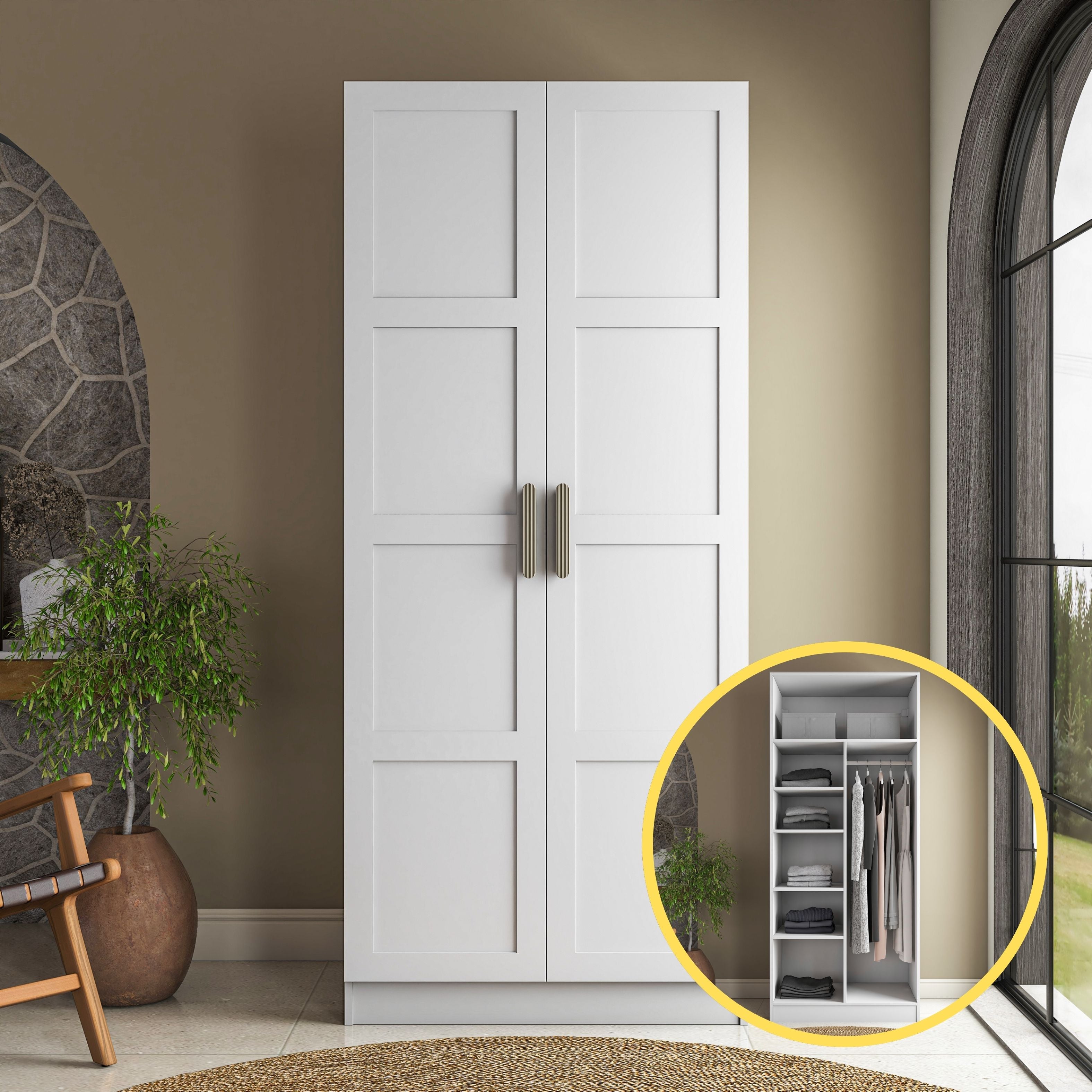 Rani BA224 Membran Kapaklı Gardırop 5 Raflı 2 Kapaklı Askılı Elbise Dolabı Beyaz