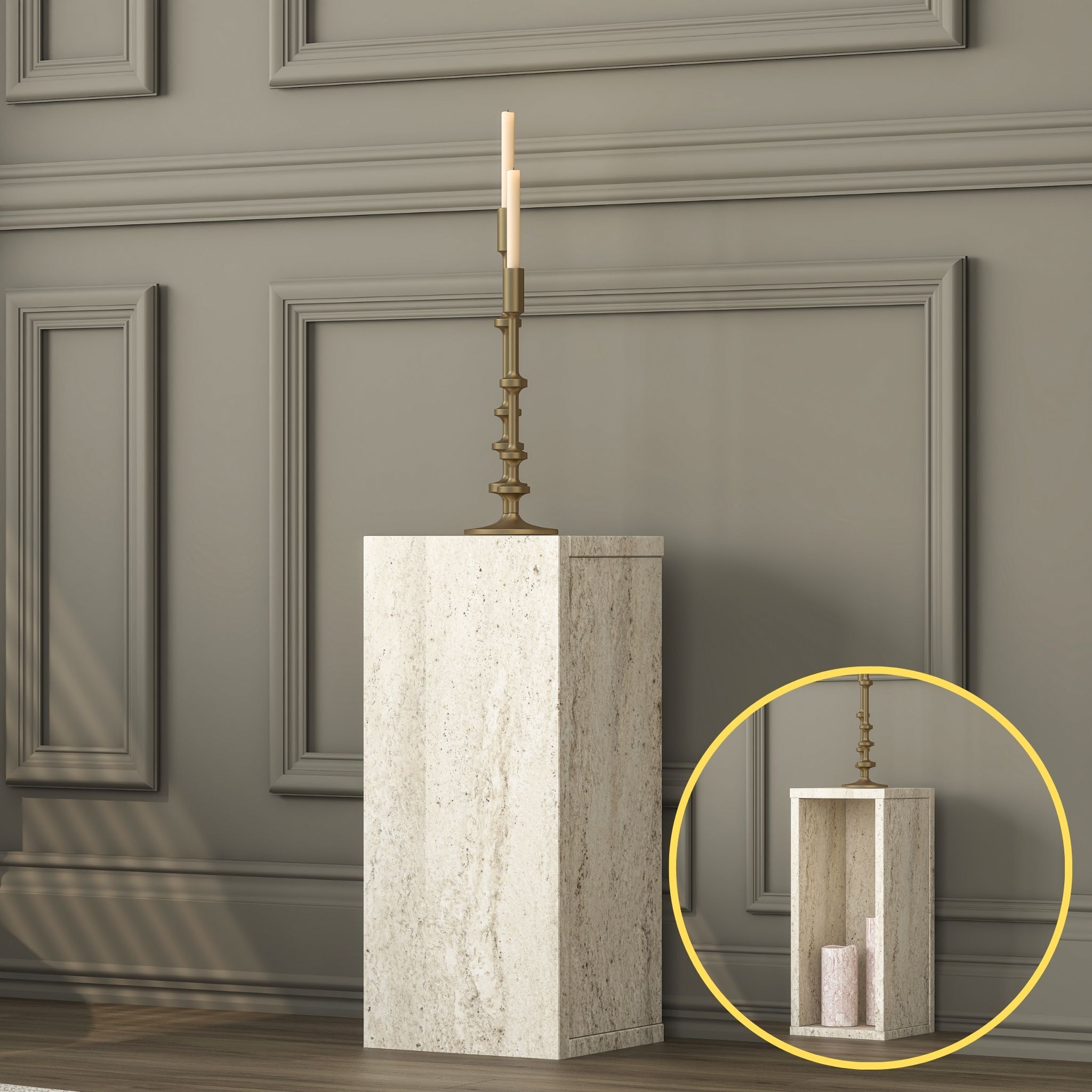 Rani AD105 Modern Gizli Bölmeli Sütun Yan Sehpa Traverten