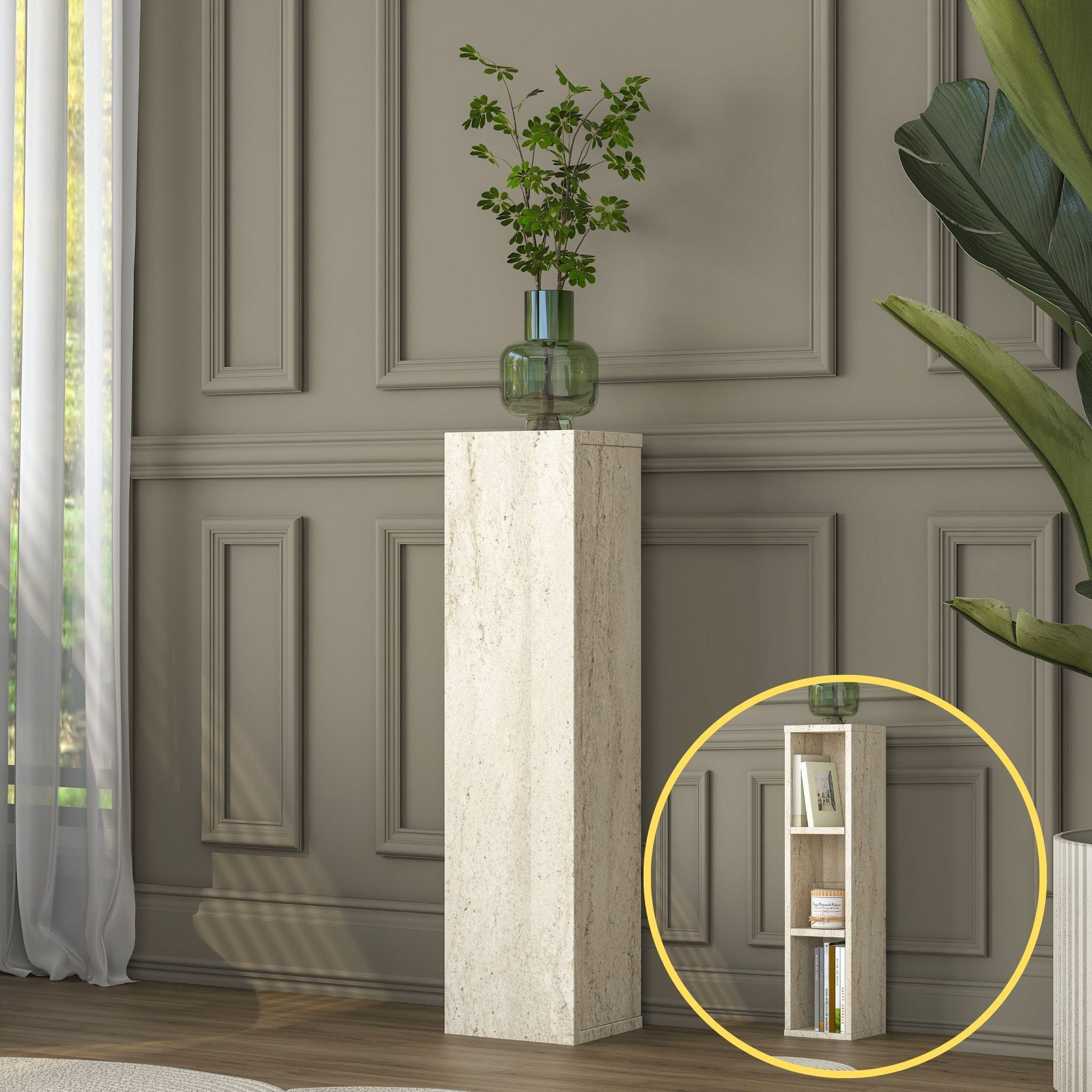 Rani AD103 Modern Gizli Bölmeli Sütun Yan Sehpa Traverten