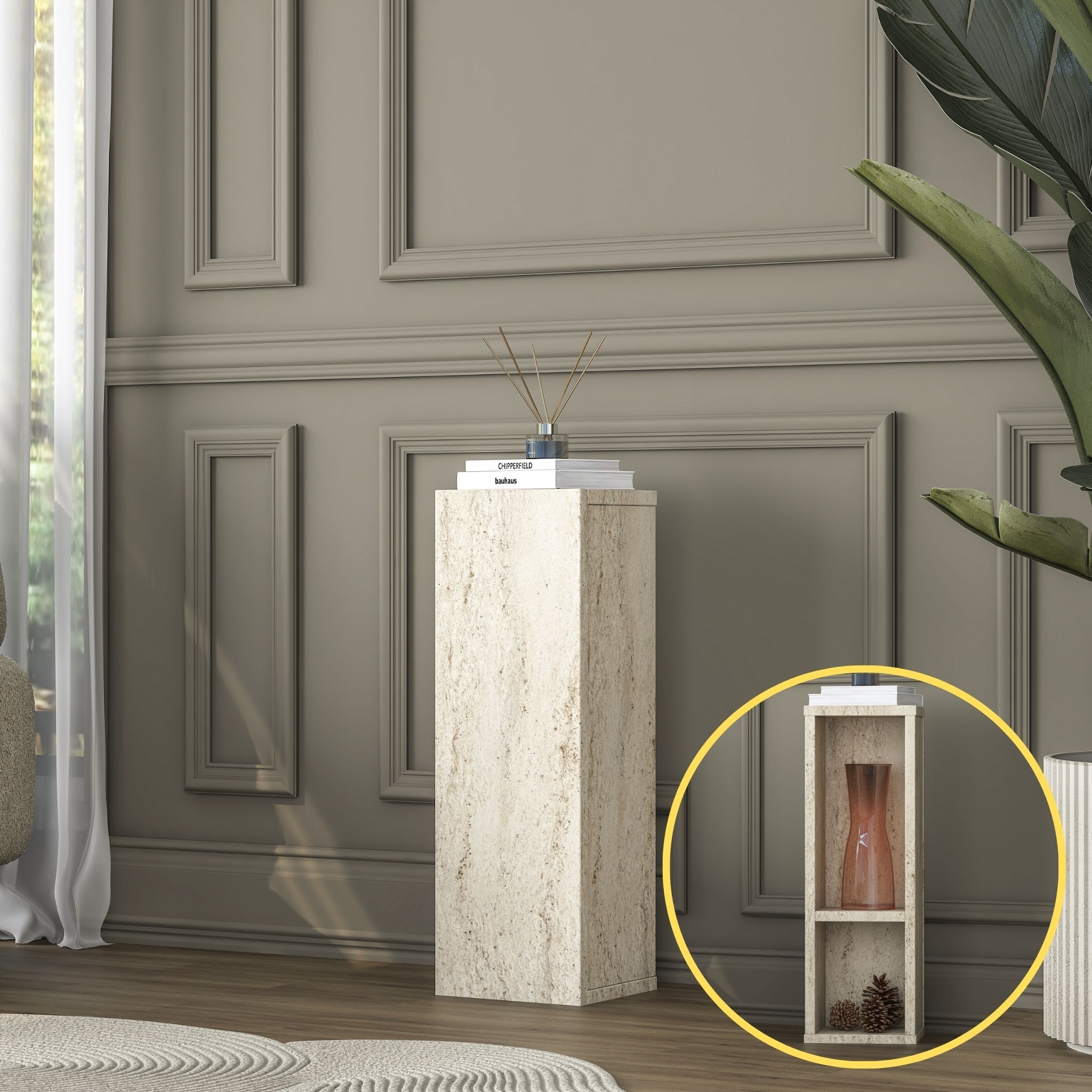 Rani AD104 Modern Gizli Bölmeli Sütun Yan Sehpa Traverten