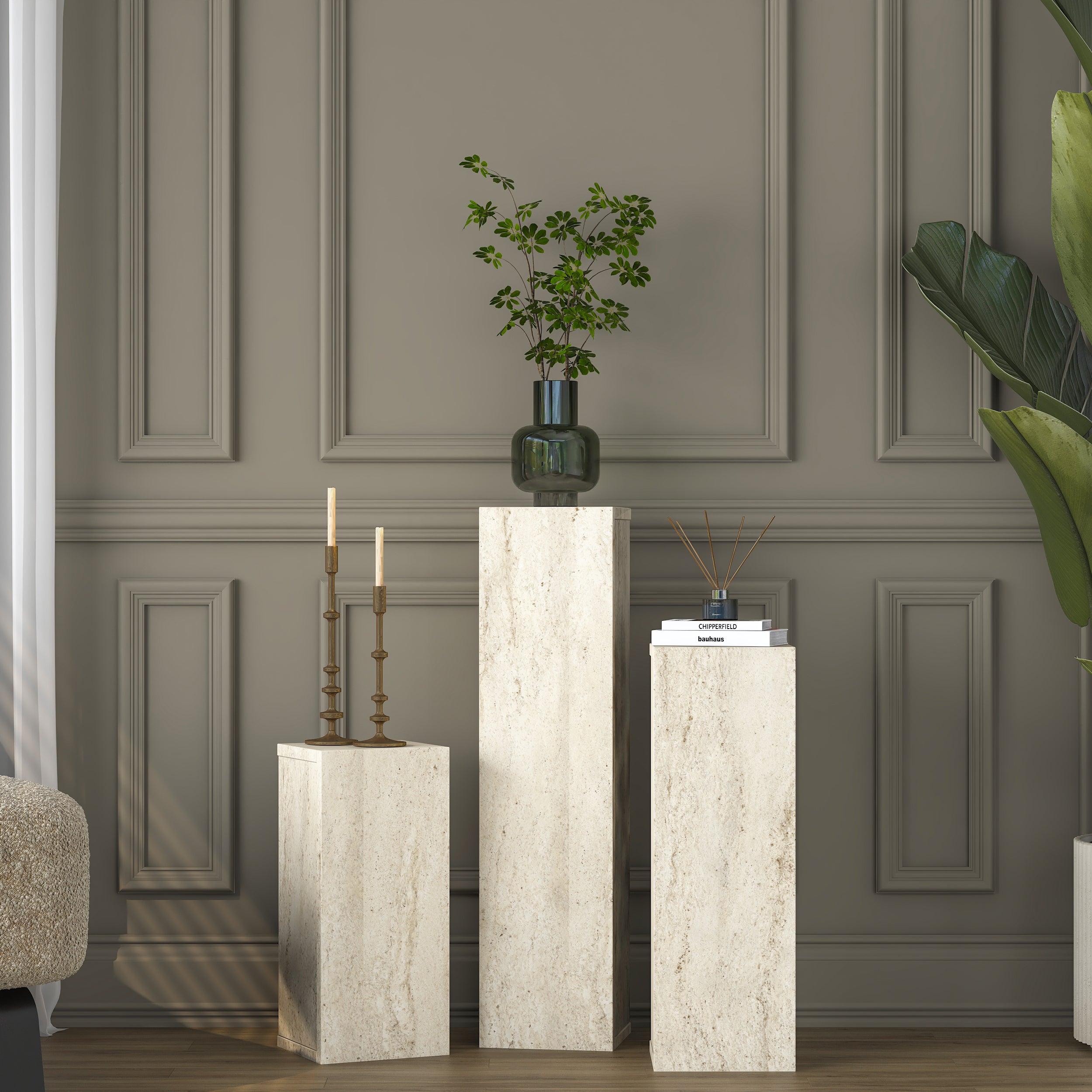 Rani AD106 Modern Gizli Bölmeli Sütun Yan Sehpa Takımı Traverten