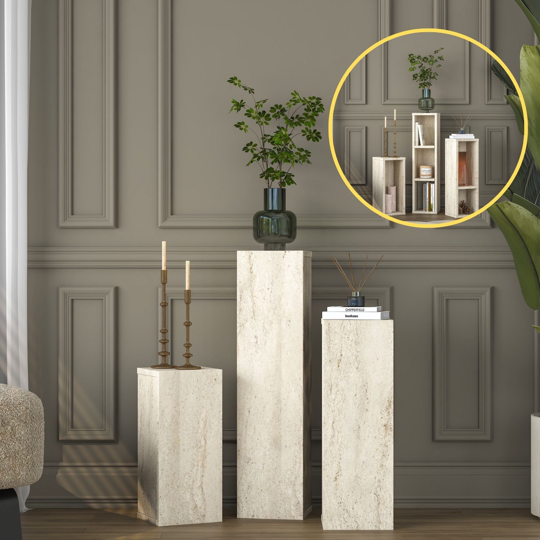 Rani AD106 Modern Gizli Bölmeli Sütun Yan Sehpa Takımı Traverten