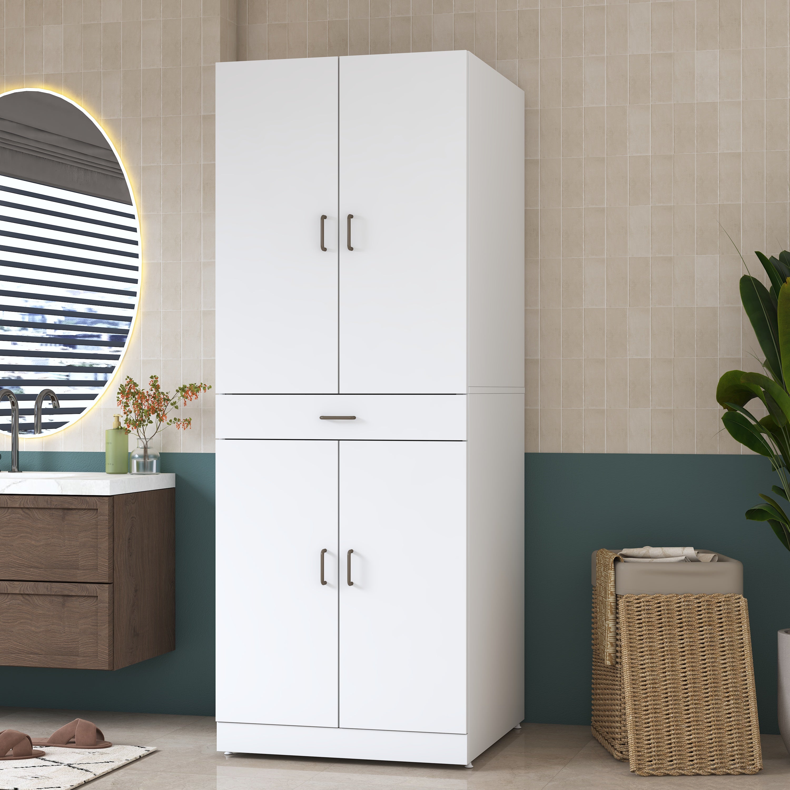 Rani KD127 Çamaşır Ve Kurutma Makinesi Dolabı 4 Kapaklı Çekmeceli Banyo Dolabı Beyaz