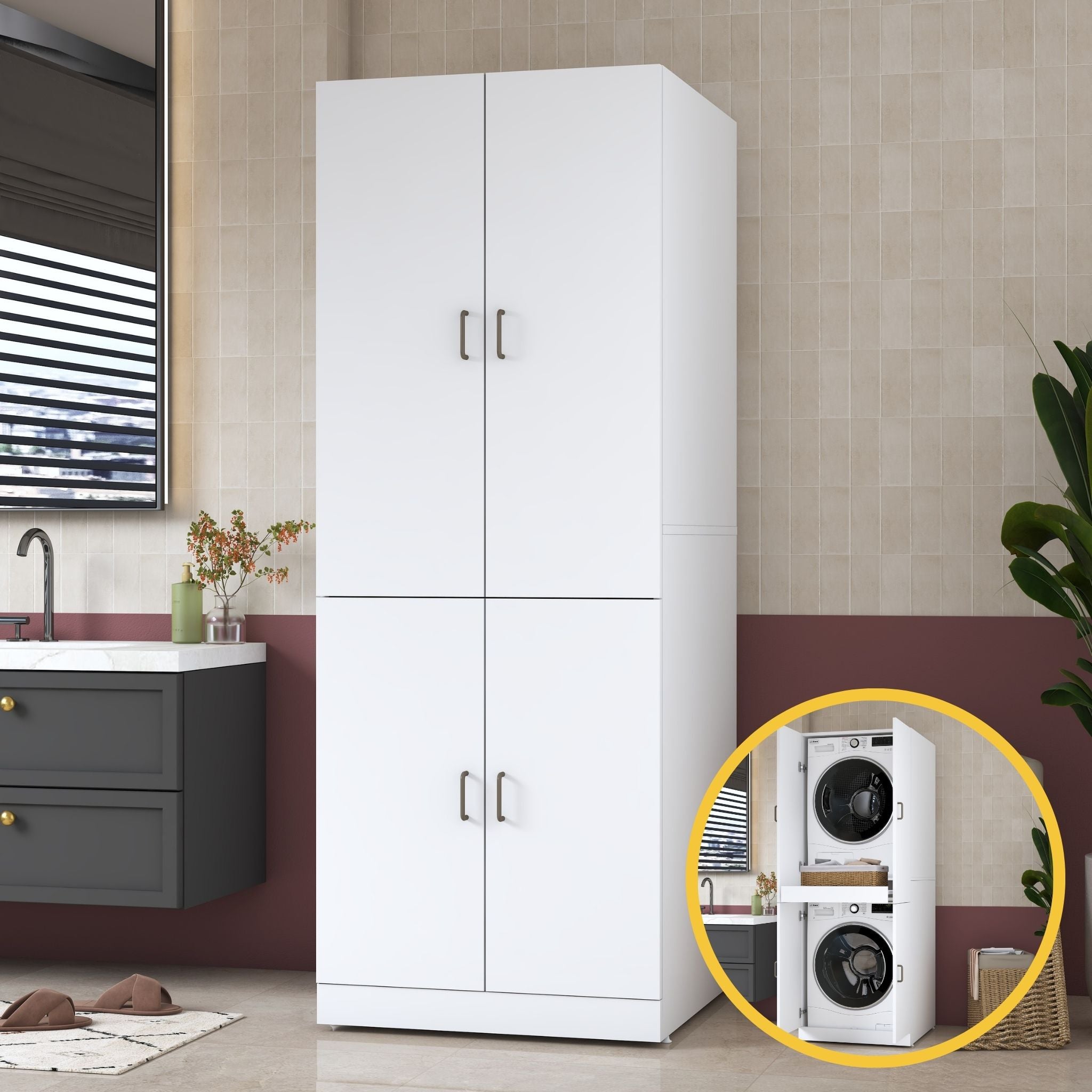 Rani KD126 Çamaşır Ve Kurutma Makinesi Dolabı 4 Kapaklı Çekmeceli Banyo Dolabı Beyaz