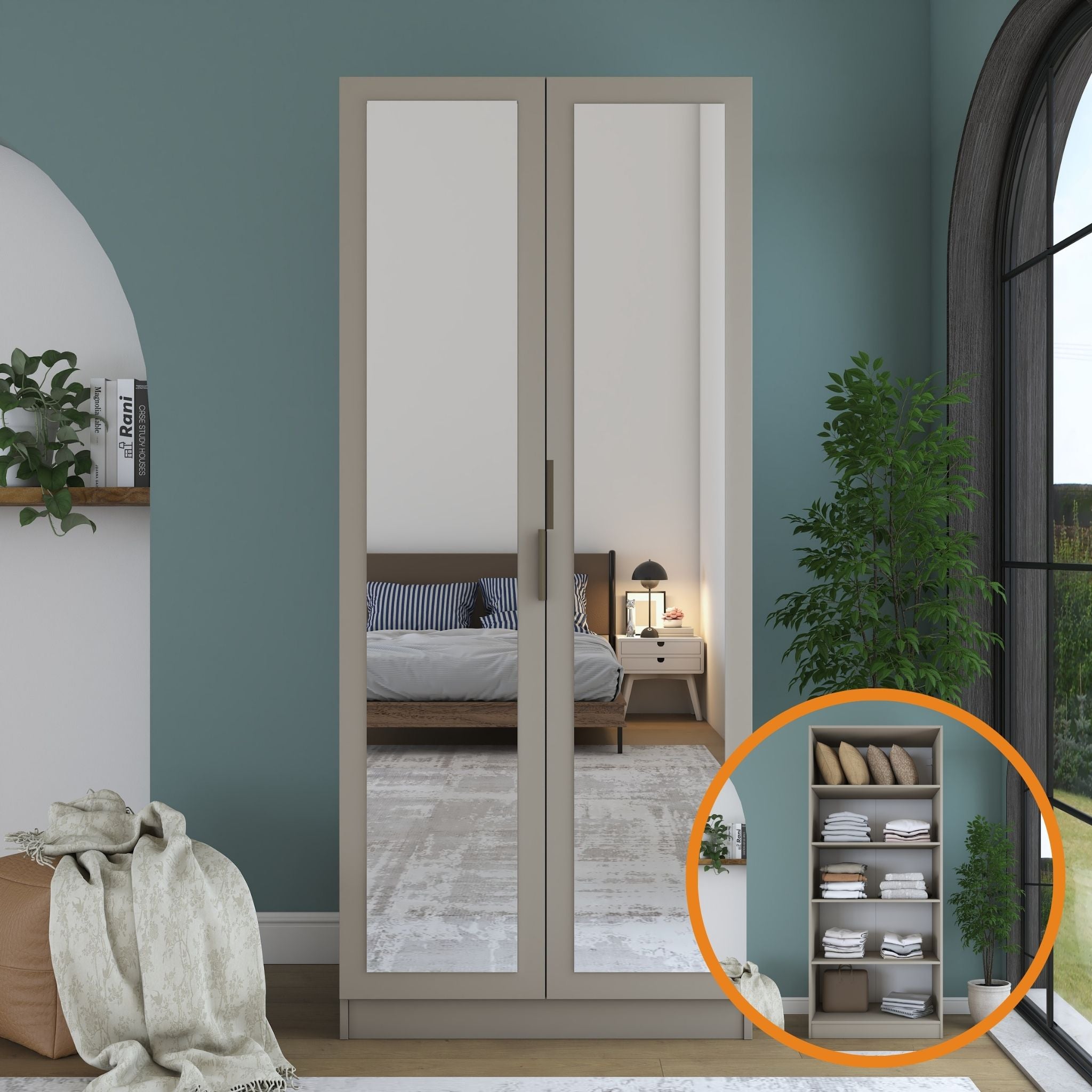 Rani BA366 Gardırop Aynalı 2 Kapaklı 4 Raflı Elbise Dolabı Kumtaşı