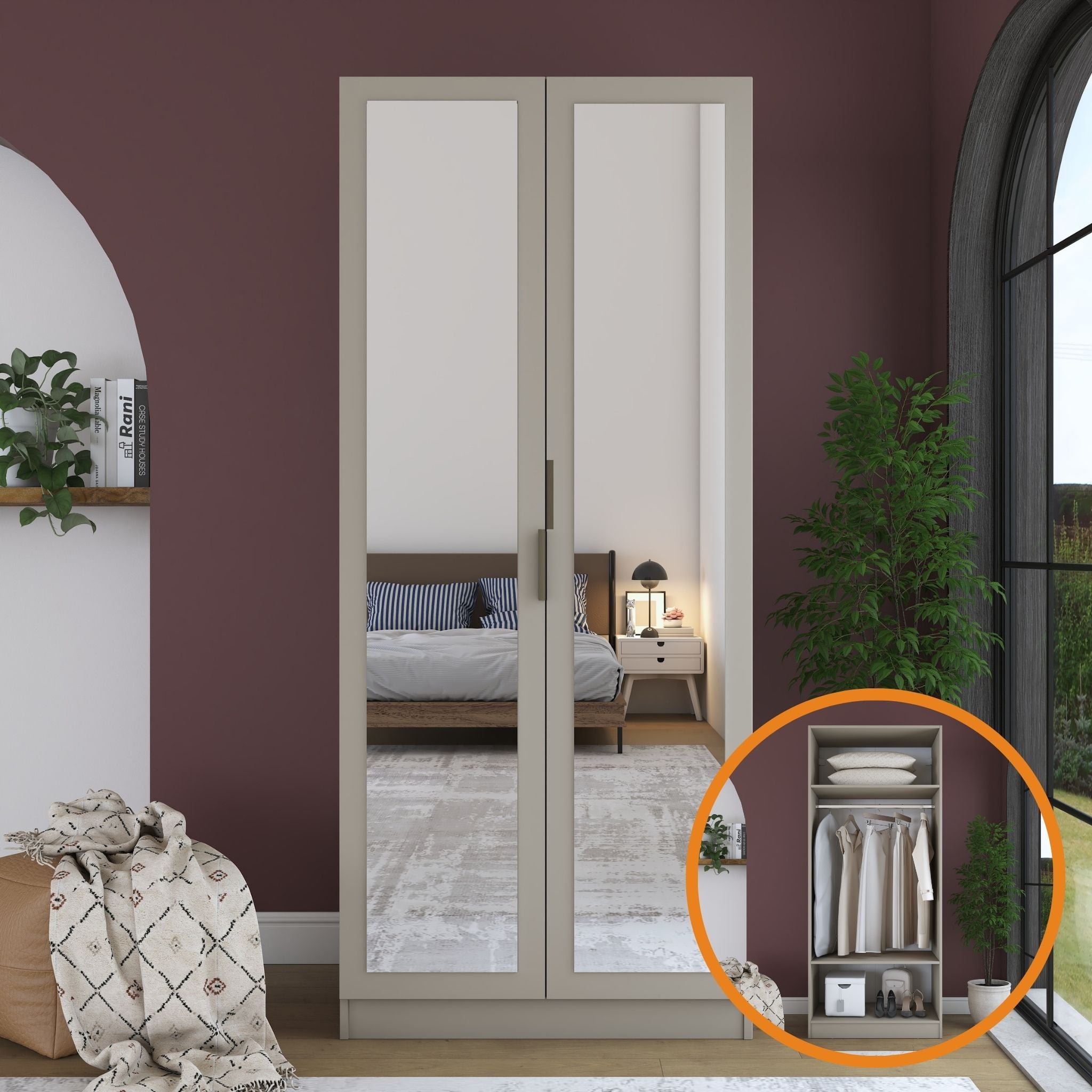 Rani BA367 Gardırop 2 Kapaklı Raflı Askılı Elbise Dolabı Kumtaşı