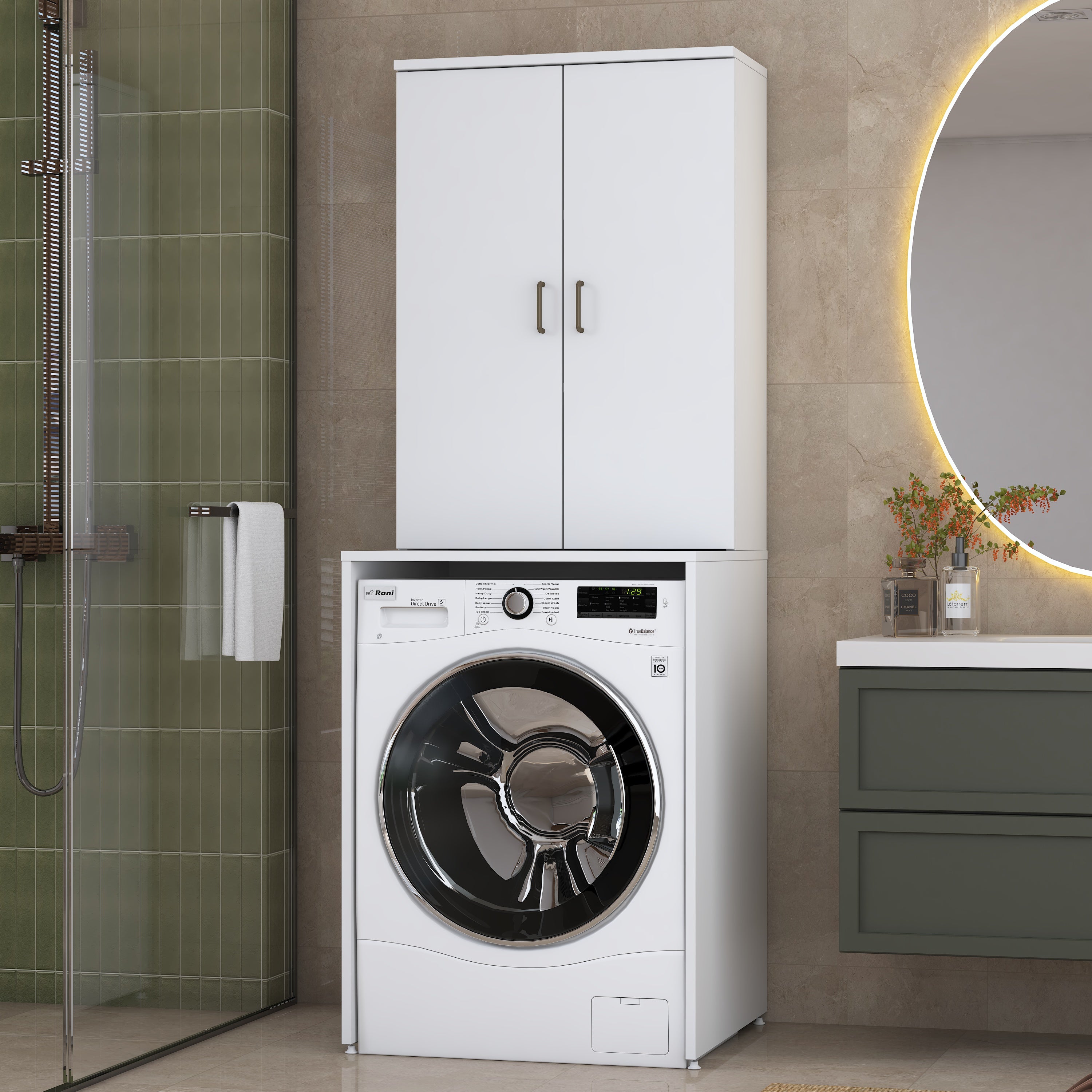 Rani KD135 Çamaşır Makinesi Dolabı 2 Raflı Kapaklı Banyo Dolabı Beyaz