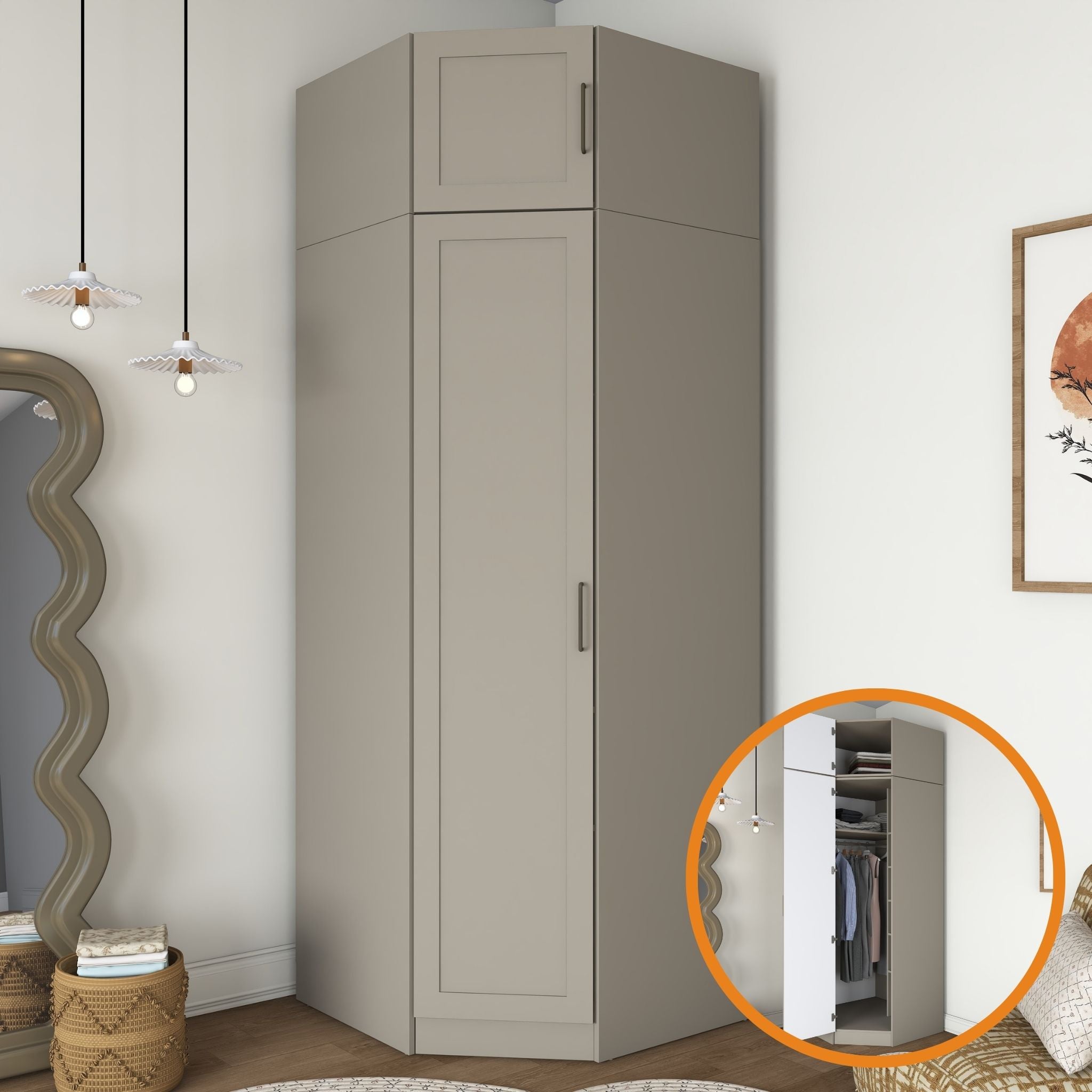 Rani BA324 Membran Kapaklı Köşe Modül Gardırop Tek Kapaklı 6 Raflı Askılı Elbise Dolabı Kumtaşı