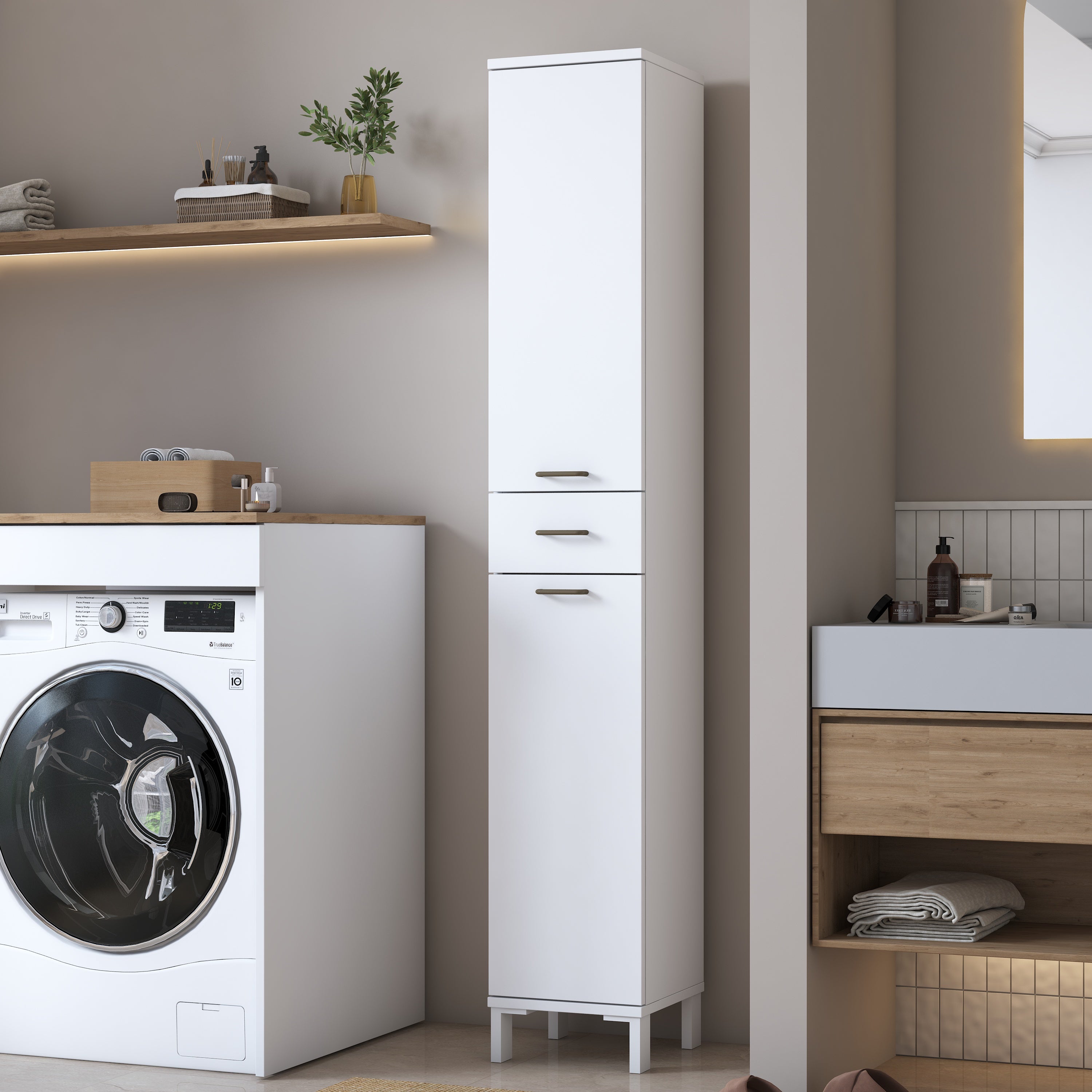 Rani KC112 Banyo Dolabı 2 Kapaklı 4 Raflı Çekmeceli Çok Amaçlı Dolap Beyaz