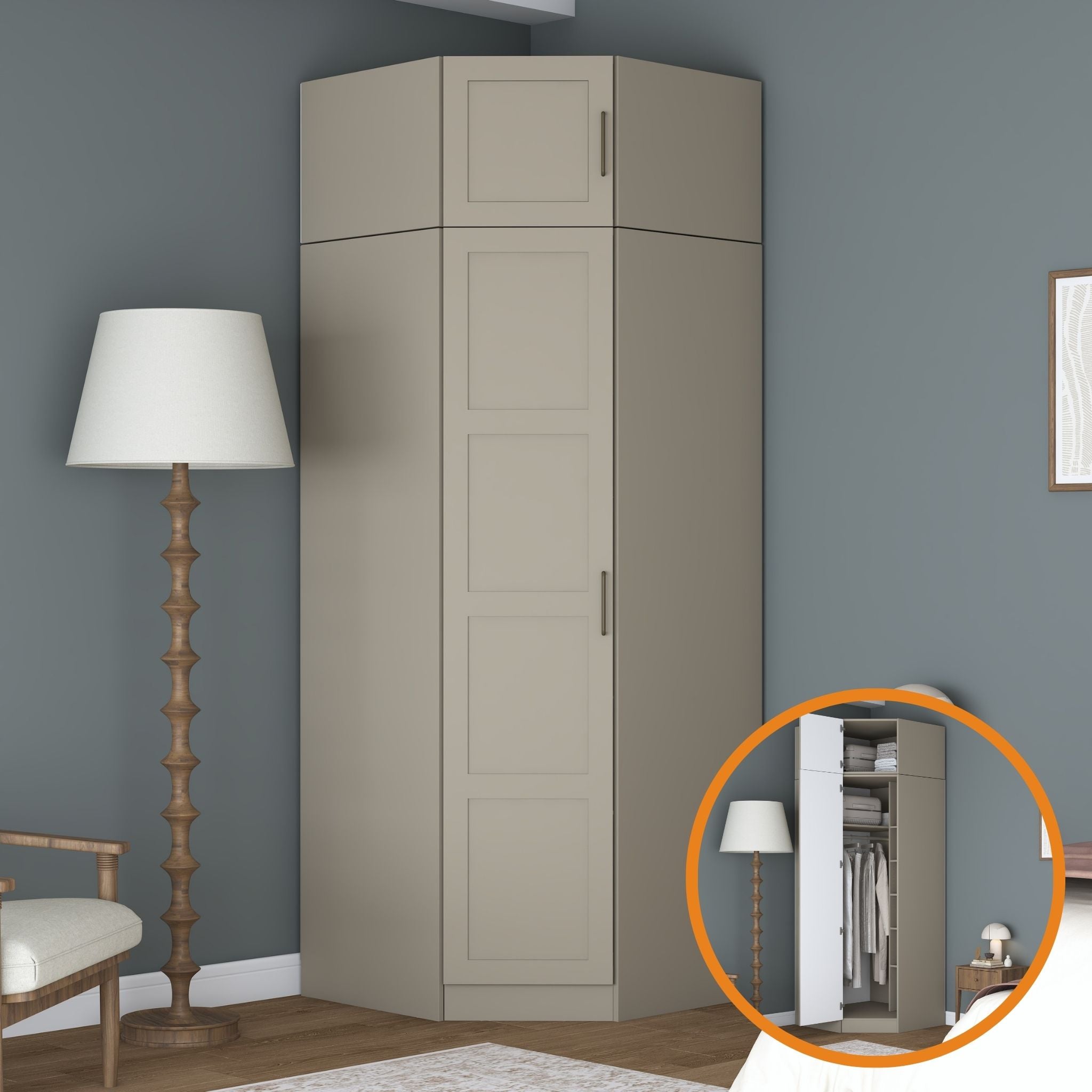 Rani BA322 Membran Kapaklı Köşe Modül Gardırop Tek Kapaklı 7 Raflı Askılı Elbise Dolabı Kumtaşı