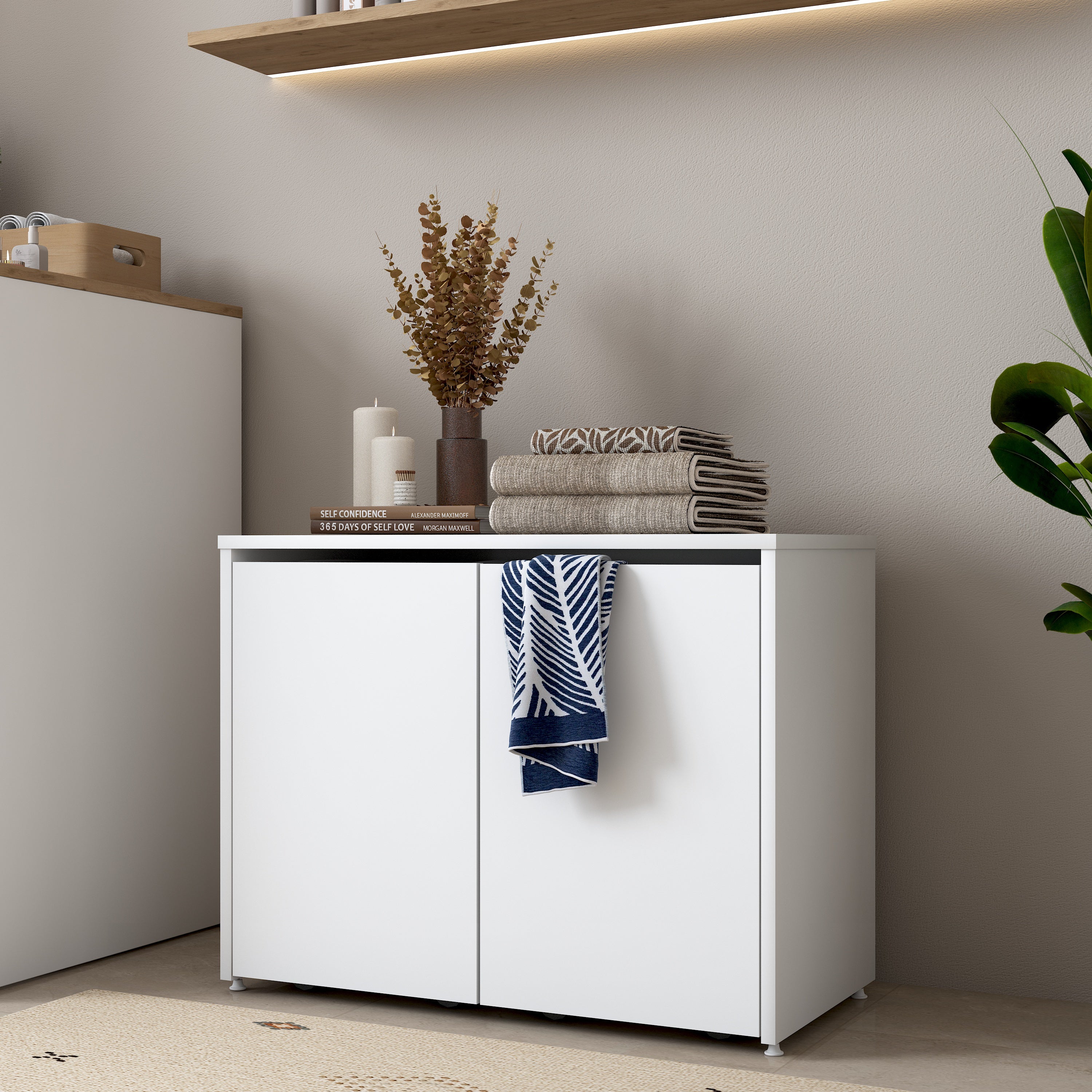 Rani KC117 Tekerlekli Kirli Çamaşır Dolabı 2 Bölmeli Banyo Dolabı Beyaz