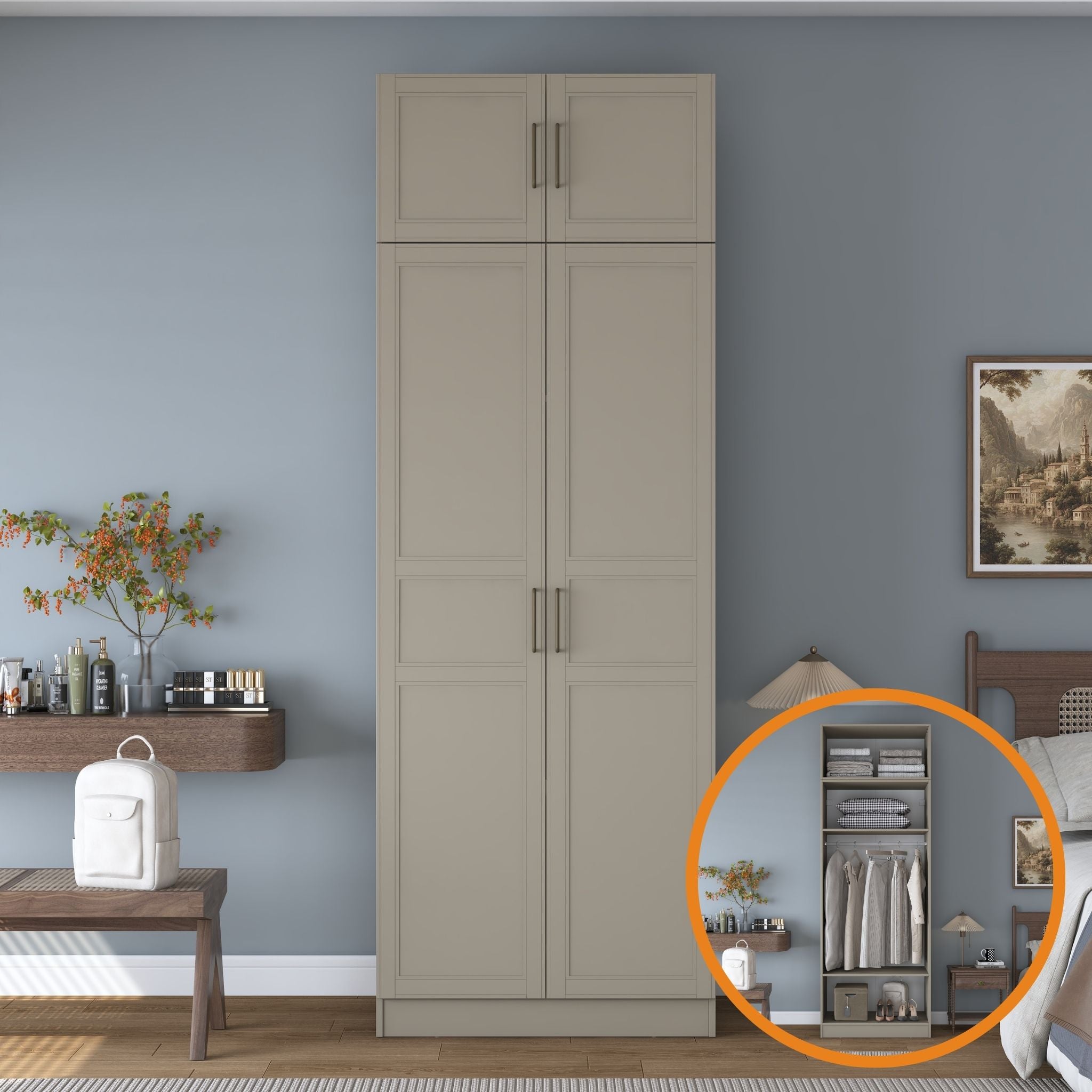 Rani BA360 Membran Kapaklı Gardırop 2 Kapaklı 3 Raflı Askılı Elbise Dolabı Kumtaşı