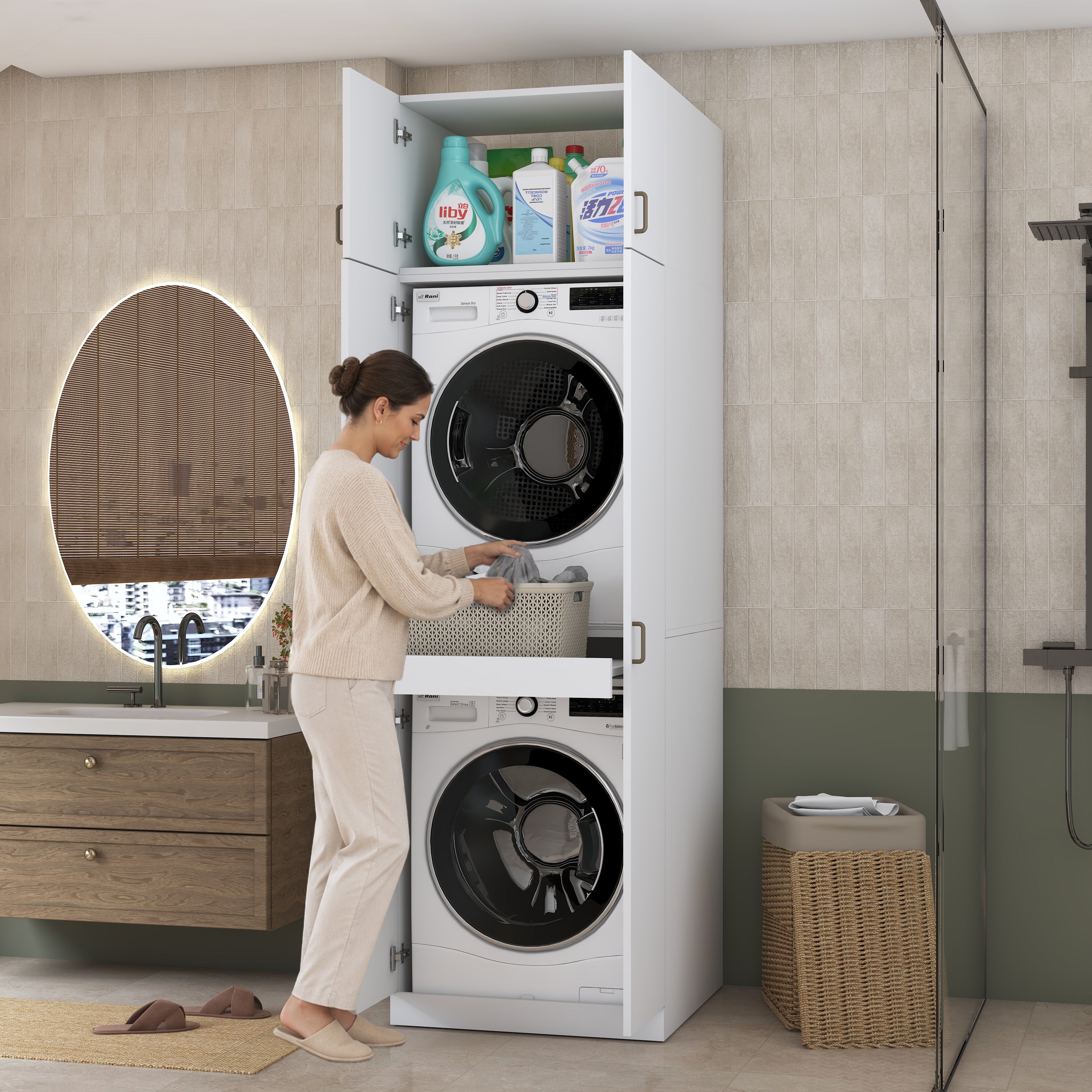 Rani KD144 Çamaşır Ve Kurutma Makinesi Dolabı Çekmeceli Raflı Banyo Dolabı Beyaz