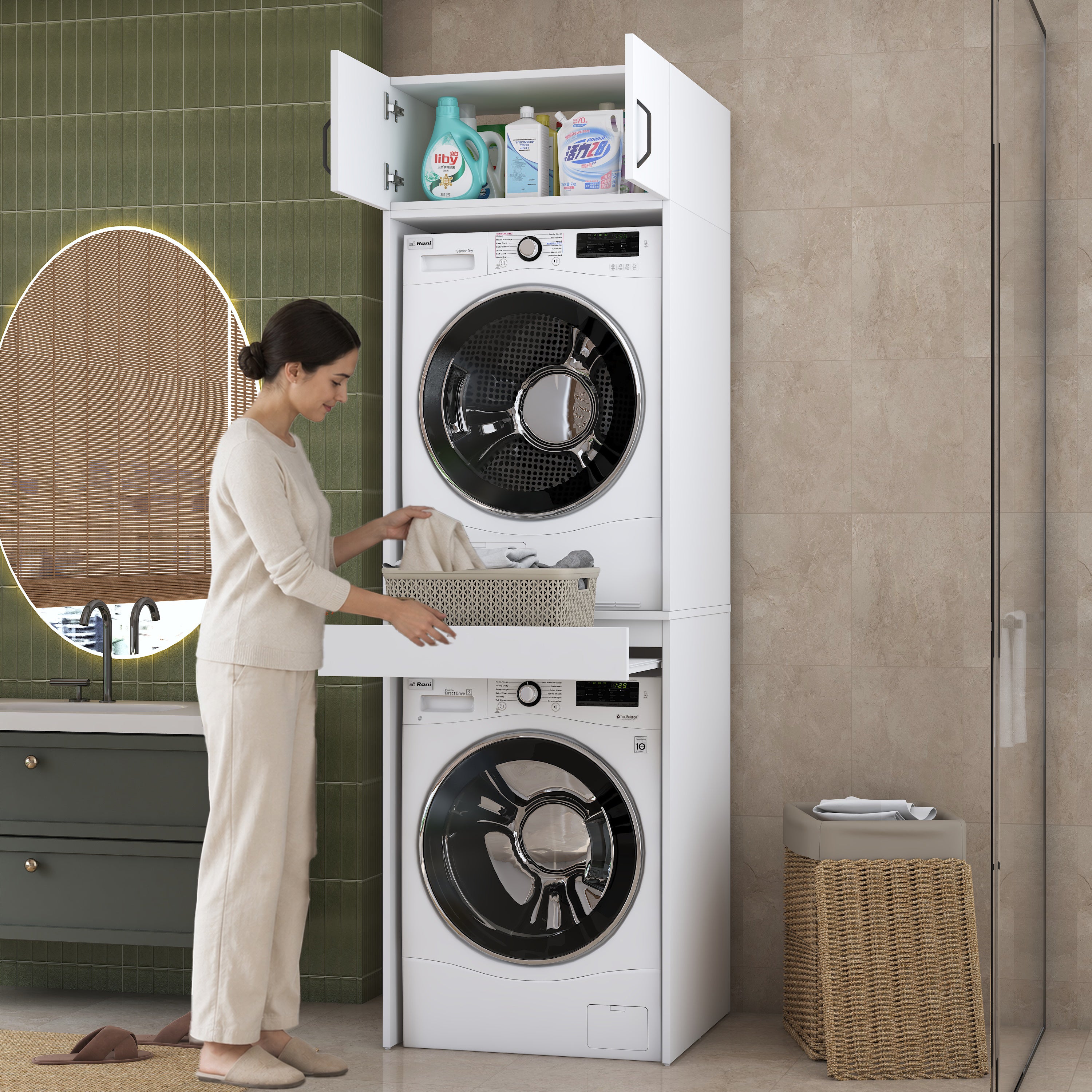 Rani KD147 Çamaşır Ve Kurutma Makinesi Dolabı Çekmeceli Raflı Banyo Dolabı Beyaz