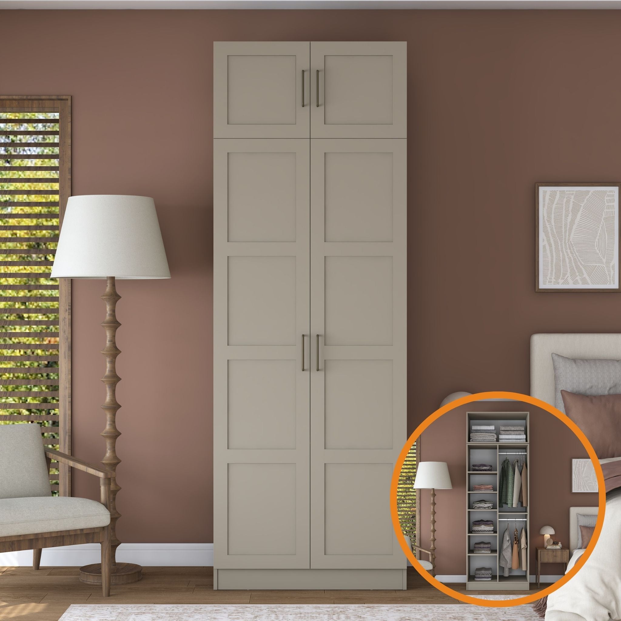 Rani BA329 Membran Kapaklı Gardırop 2 Kapaklı 6 Raflı 2 askılı Elbise Dolabı Kumtaşı