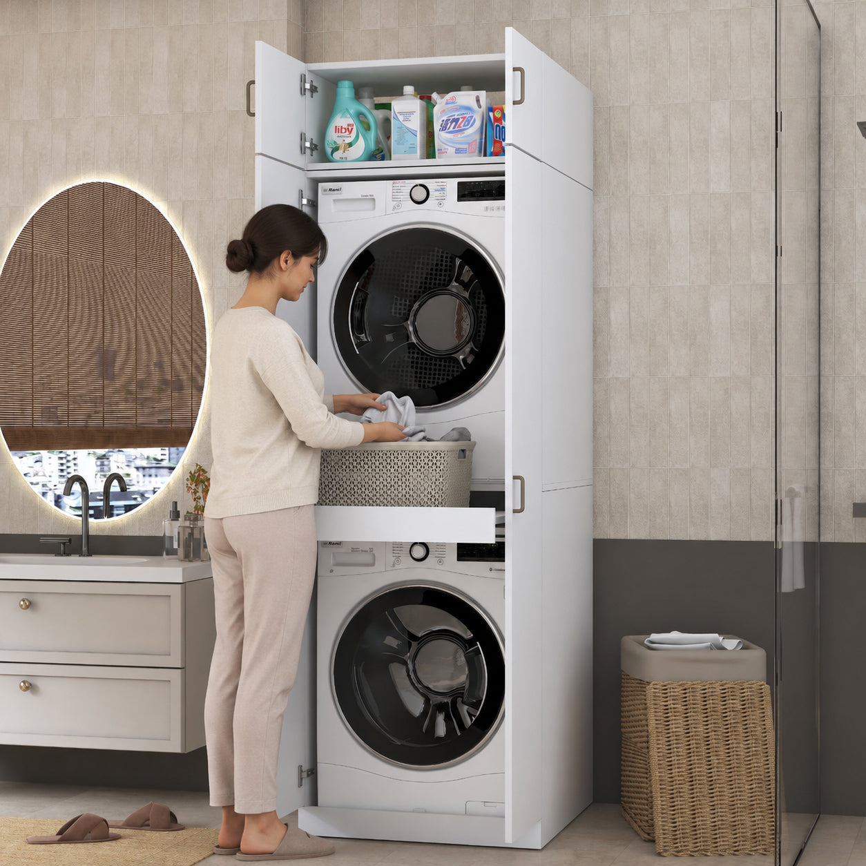 Rani KD141 Çamaşır Ve Kurutma Makinesi Dolabı 2 Kapaklı Çekmeceli Raflı Banyo Dolabı Beyaz