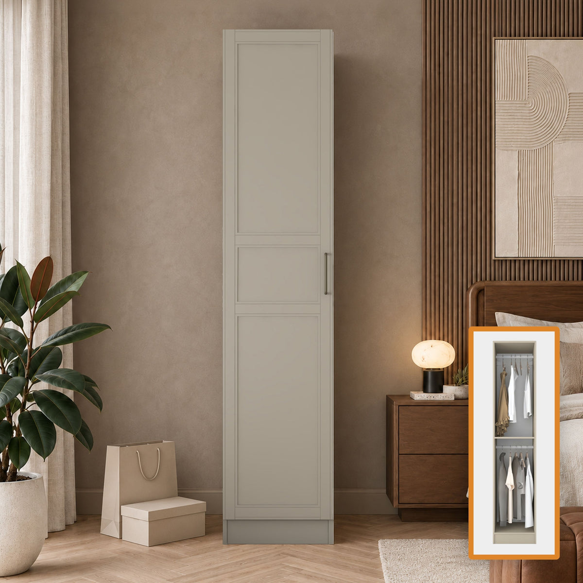 Rani BA430 Membran Kapaklı Gardırop Tek Kapaklı Raflı 2 Askılı Elbise Dolabı Kumtaşı