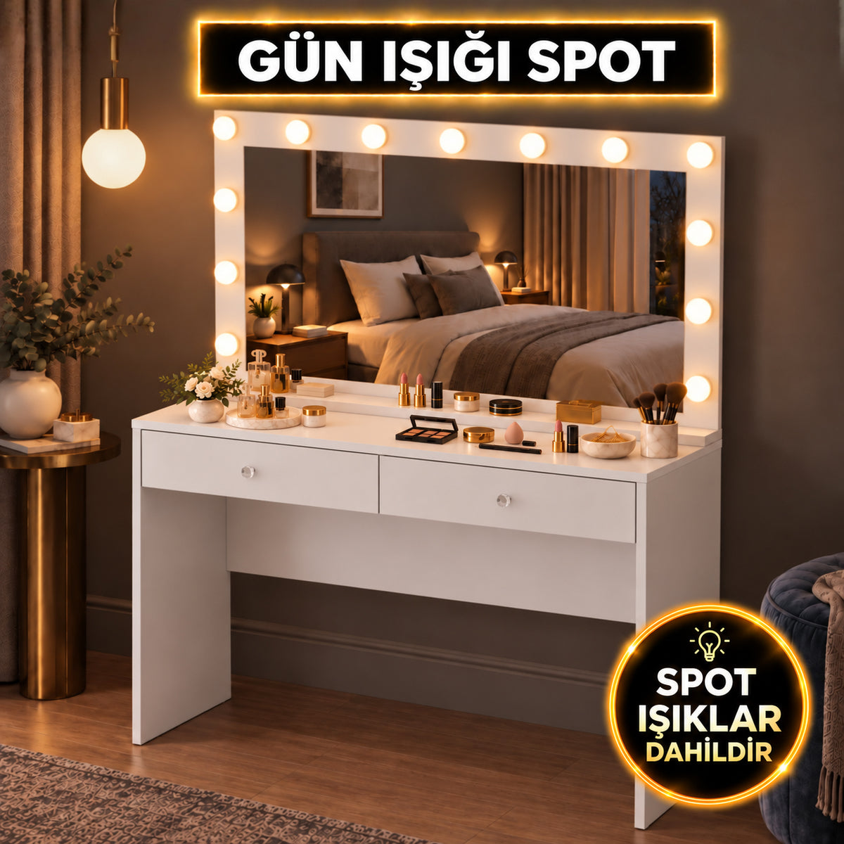 Rani BJ312 Hollywood Işıklı Aynalı Kulis Makyaj Masası 2 Çekmeceli Takı Düzenleyici Günışığı