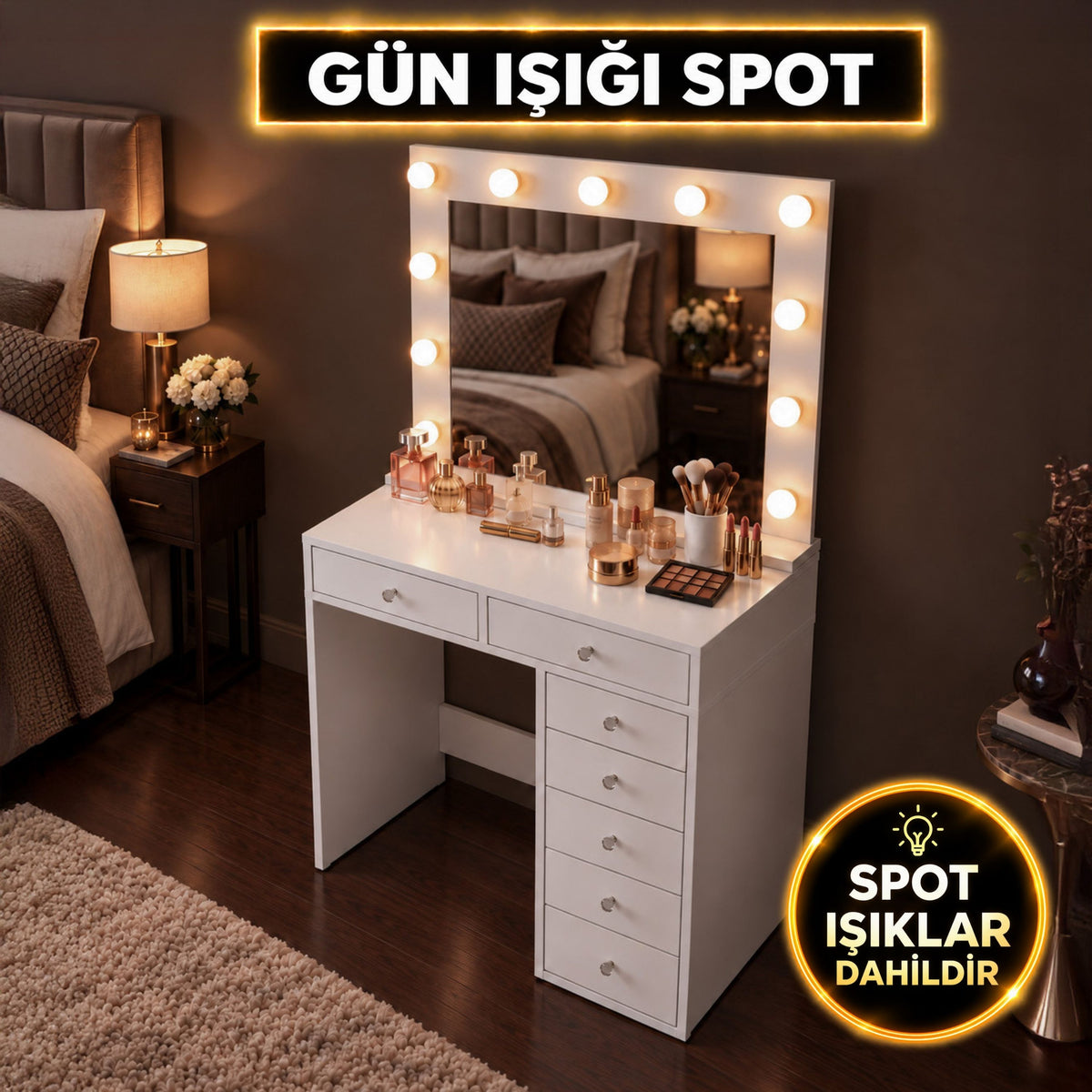 Rani BJ264 Hollywood Gün Işığı Aynalı Makyaj Masası 7 Çekmeceli Takı Düzenleyici Beyaz