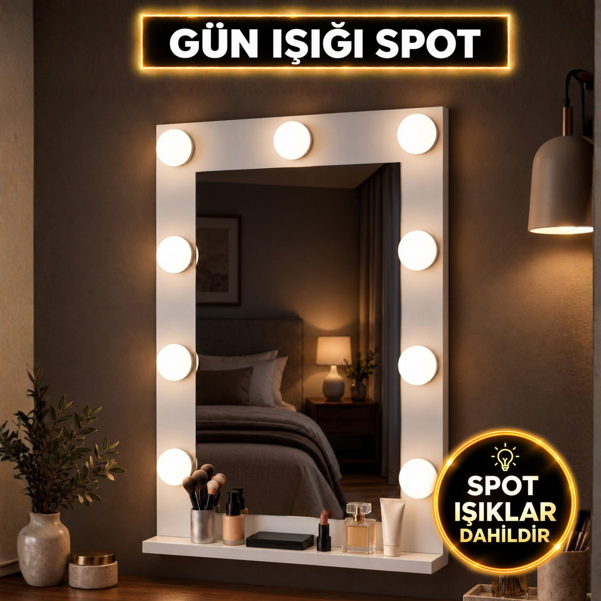 Rani EF120 Hollywood Günışığı Spot Işıklı Kulis Makyaj Aynası Beyaz