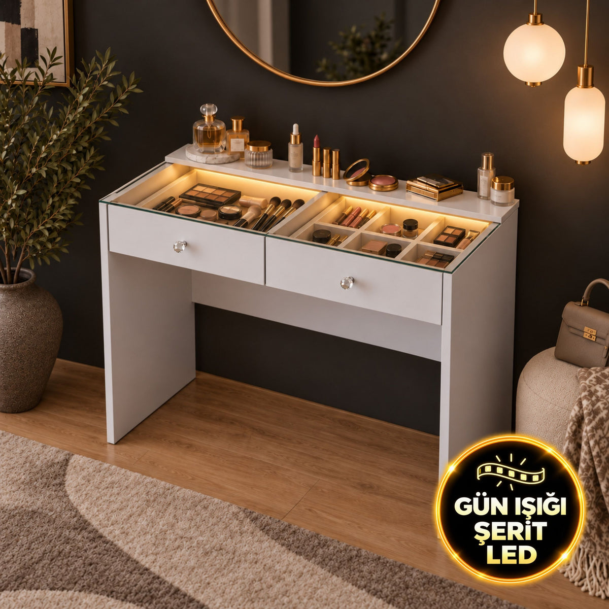 Rani BJ284 Ledli Makyaj Masası 2 Çekmeceli Cam Tablalı Takı Düzenleyici Beyaz