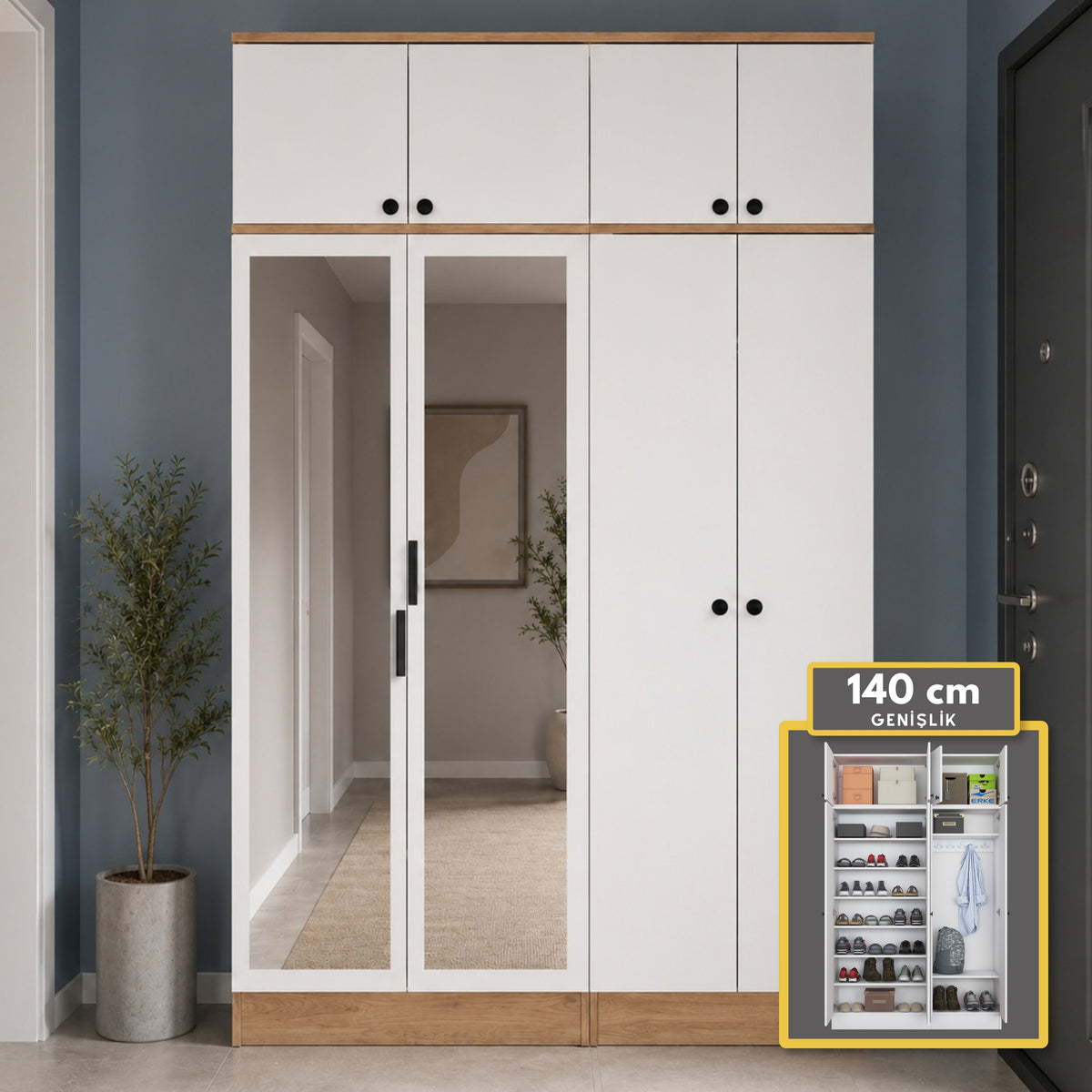 Rani EA164 Modern Portmanto 8 Kapaklı Aynalı Raflı Askılı Ayakkabılık Vestiyer Sepet Ceviz - Beyaz