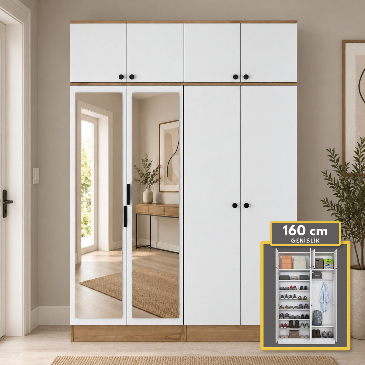 Rani EA177 Modern Portmanto 8 Kapaklı Aynalı Raflı Askılı Ayakkabılık Vestiyer Sepet Ceviz - Beyaz