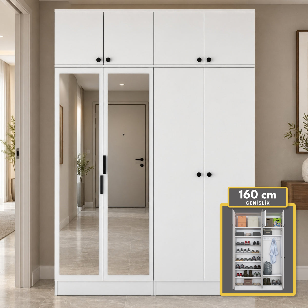 Rani EA177 Modern Portmanto 8 Kapaklı Aynalı Raflı Askılı Ayakkabılık Vestiyer Beyaz