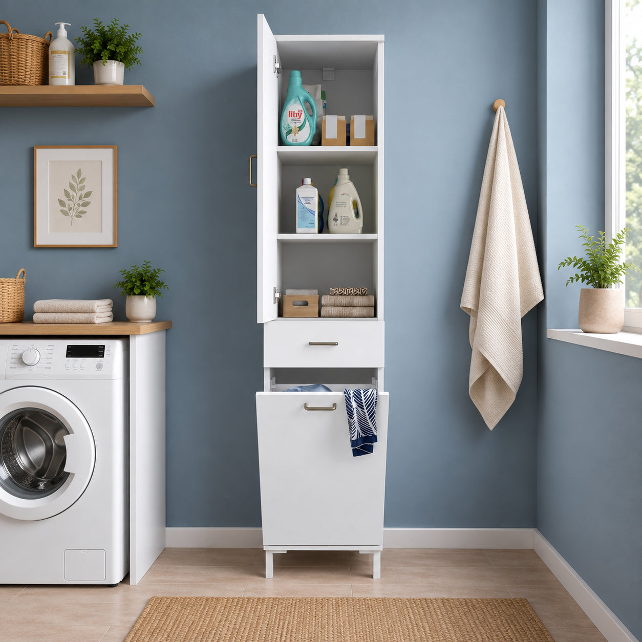Rani KC120 Banyo Dolabı Düşer Kapaklı Raflı Çamaşır Sepeti Bölmeli Çok Amaçlı Dolap Beyaz