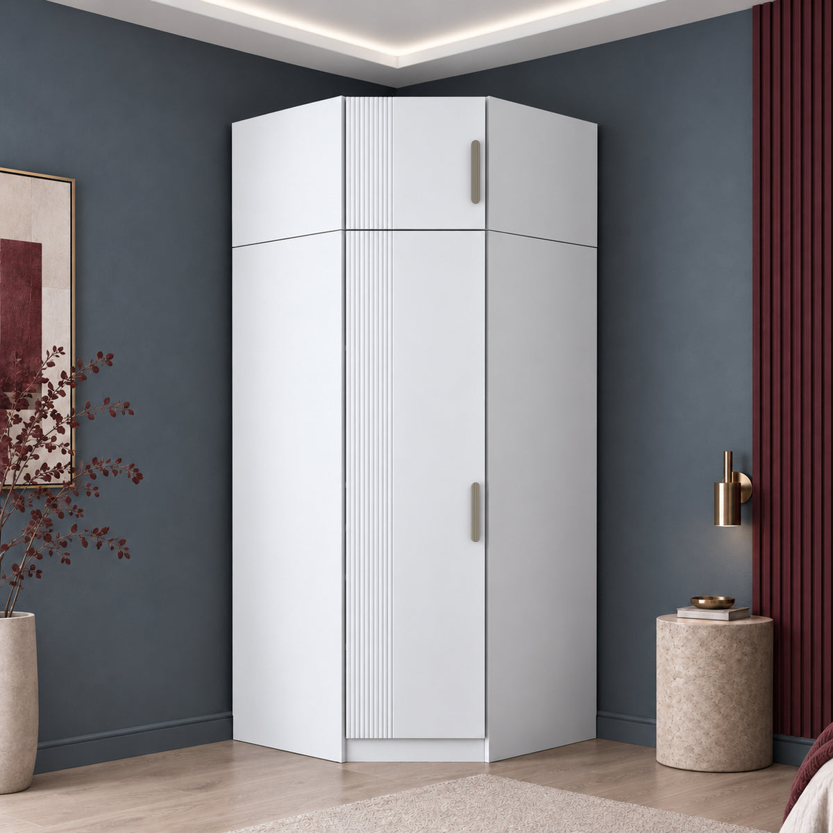 Rani BA403 Membran Kapaklı Köşe Modüler Gardırop Tek Kapaklı 7 Raflı Askılı Elbise Dolabı Beyaz