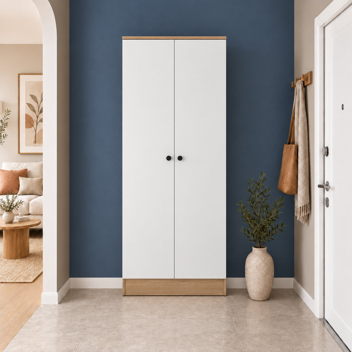 Rani EA172 Modern Portmanto 2 Kapaklı Raflı Askılı Ayakkabılık Vestiyer Sepet Ceviz - Beyaz