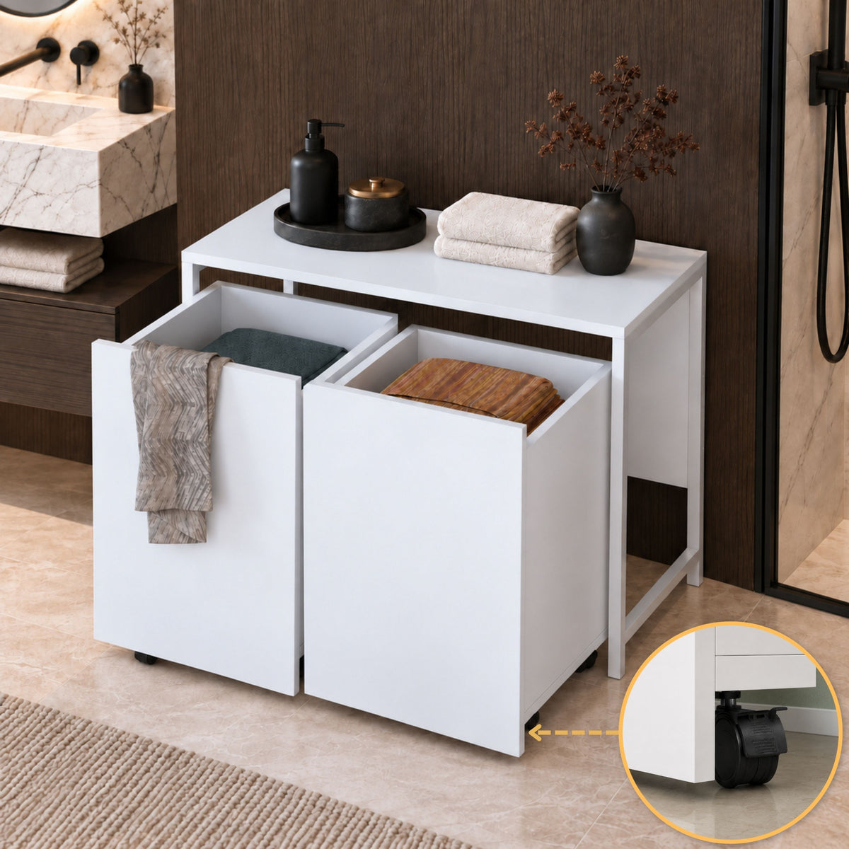 Rani KC128 Tekerlekli Kirli Çamaşır Dolabı 2 Bölmeli Banyo Dolabı Beyaz