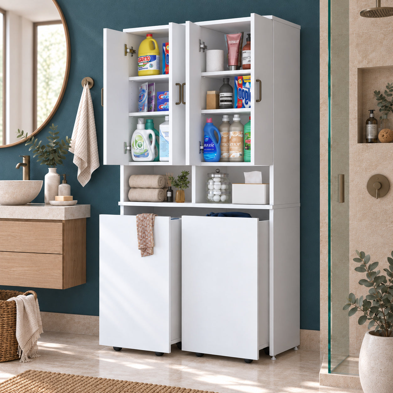 Rani KC123 Banyo Dolabı Raflı Çekmeceli Çamaşır Sepeti Bölmeli Çok Amaçlı Dolap Beyaz
