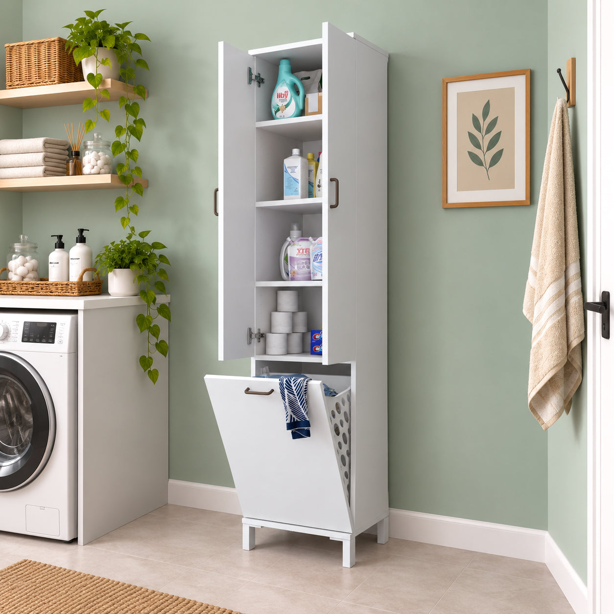 Rani KC119 Banyo Dolabı Düşer Kapaklı Raflı Çamaşır Sepeti Bölmeli Çok Amaçlı Dolap Beyaz