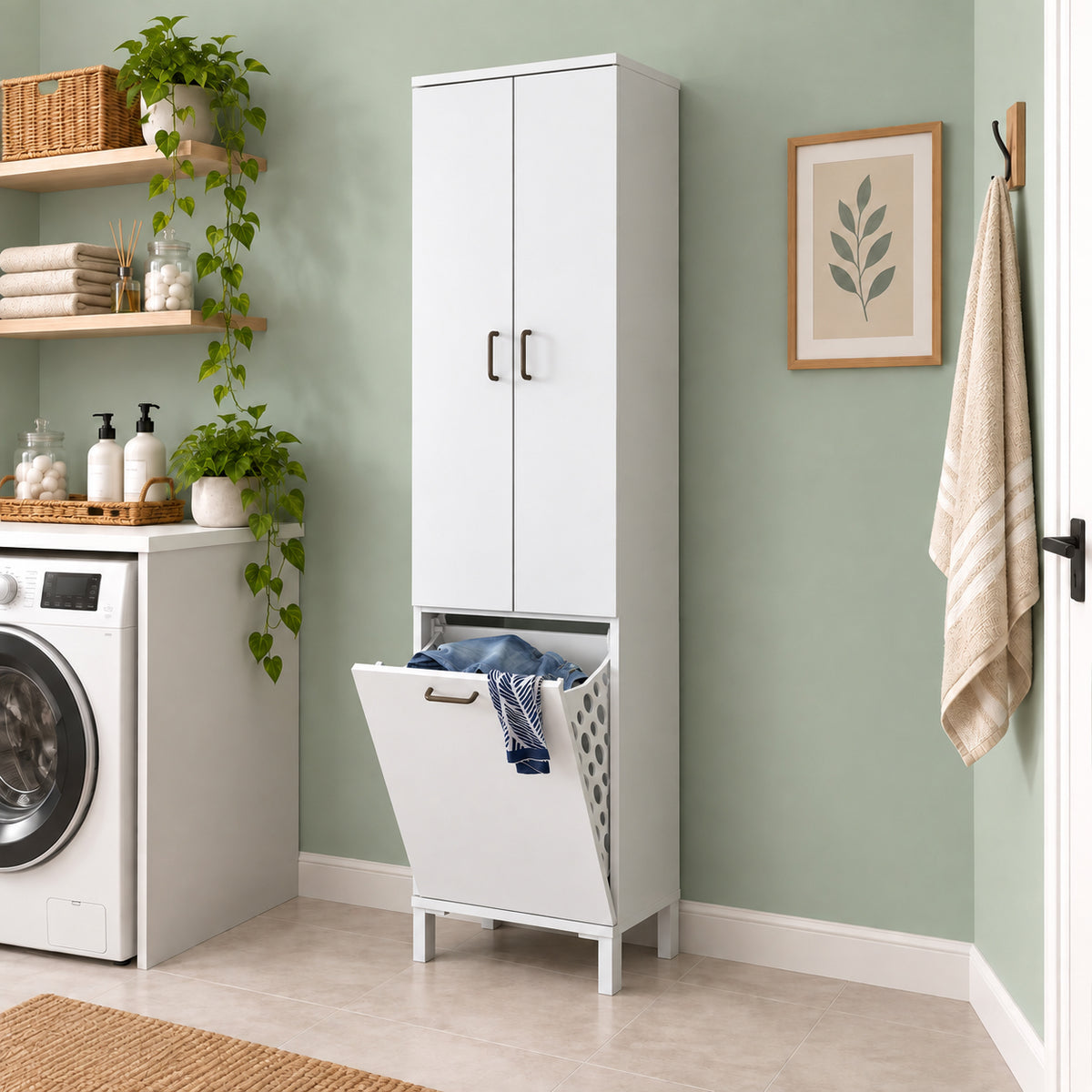 Rani KC119 Banyo Dolabı Düşer Kapaklı Raflı Çamaşır Sepeti Bölmeli Çok Amaçlı Dolap Beyaz