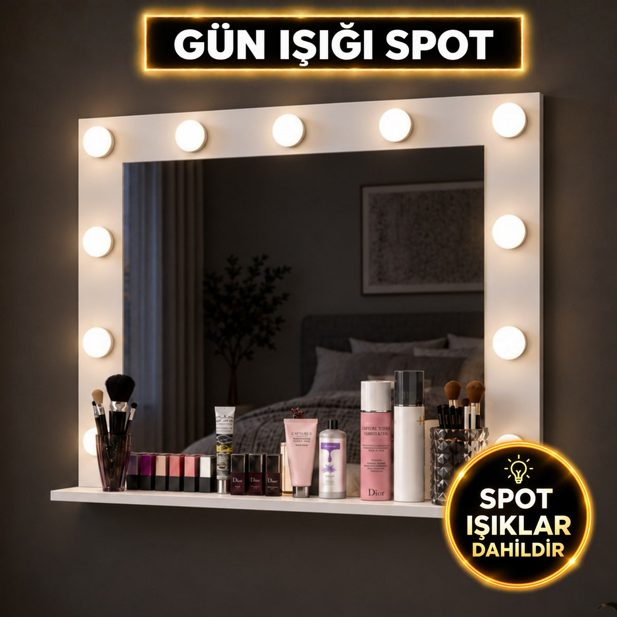 Rani EF114 Hollywood Işıklı Ayna Kulis Makyaj Aynası Günışığı Spot Işıklı