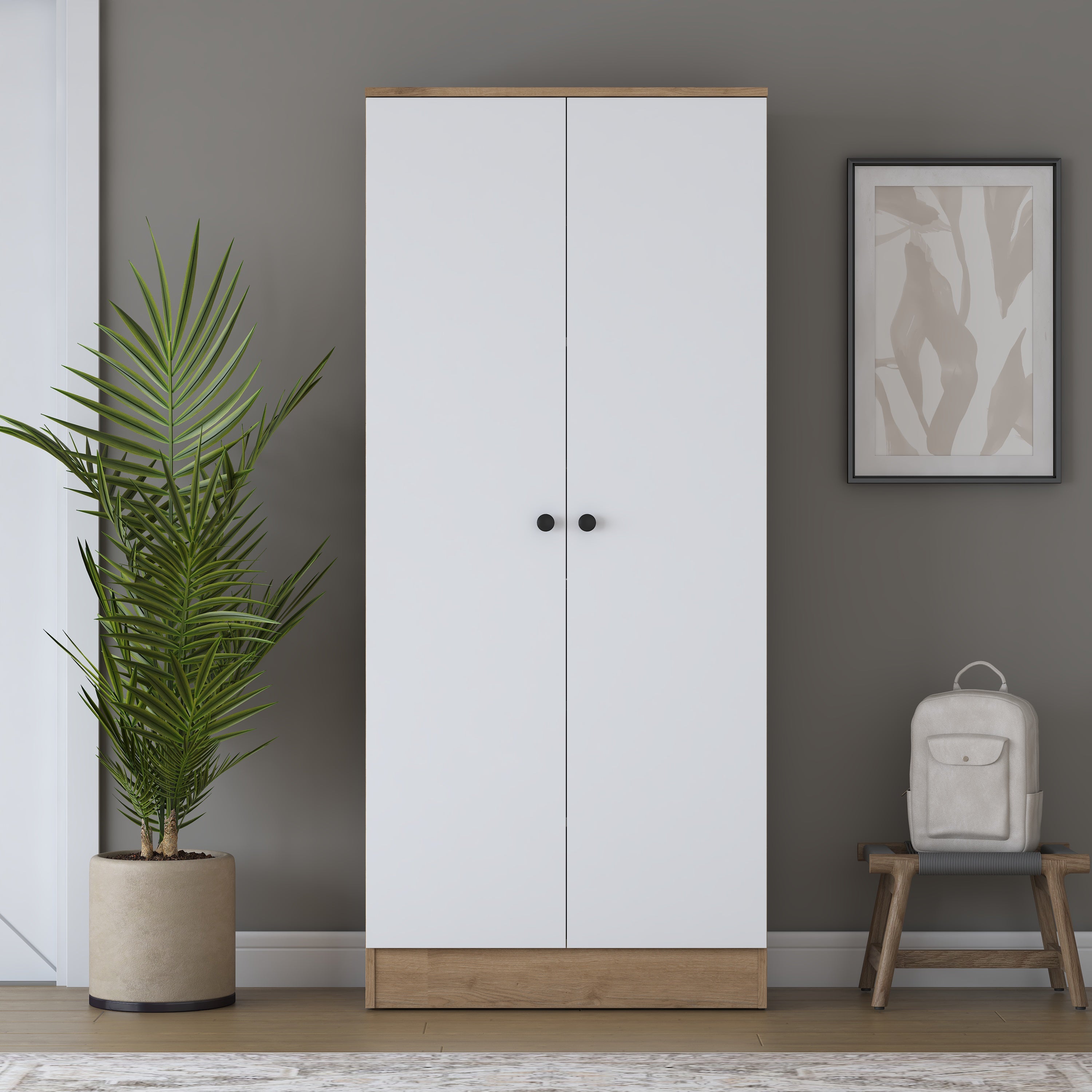 Rani EA148 Modern Portmanto 2 Kapaklı Raflı Ayakkabılık Vestiyer Sepet Ceviz - Beyaz