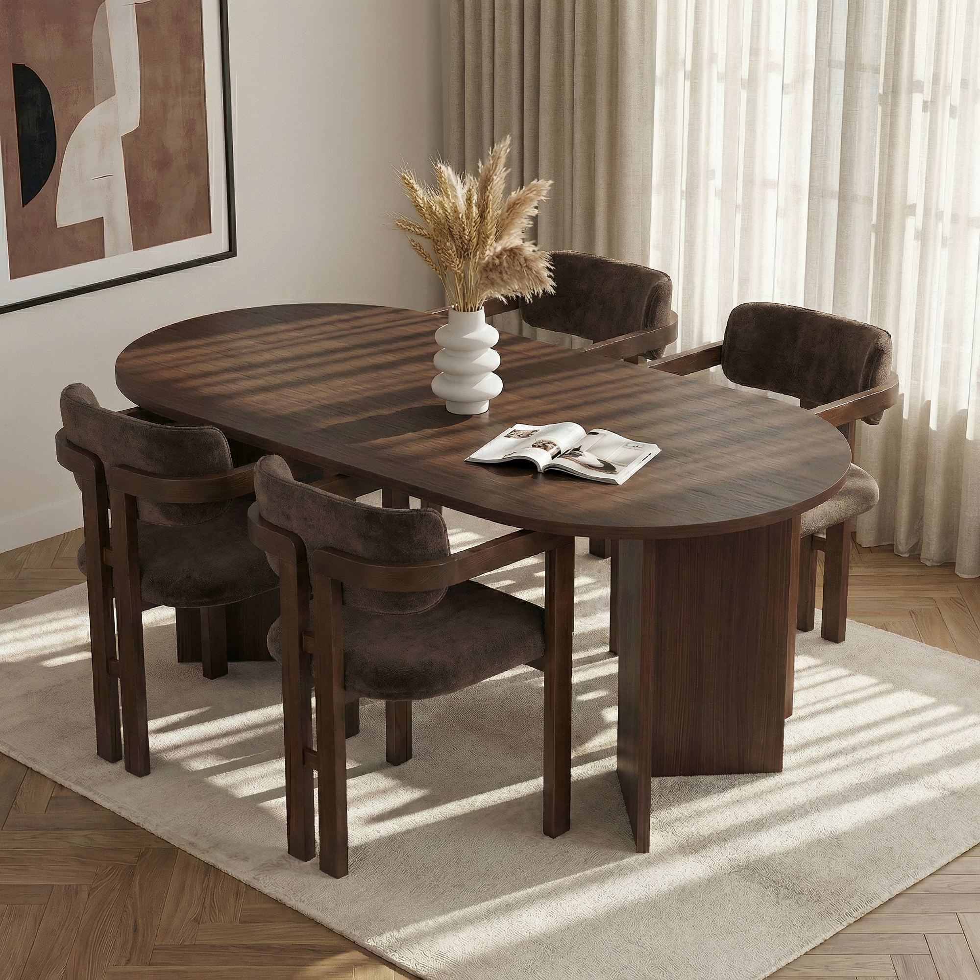 Rani Home Yemek Masası Takımı Milano Ceviz Masa Koyu Ceviz Gövdeli Kahverengi Kumaşlı Sandalye 180 Cm GE-5765