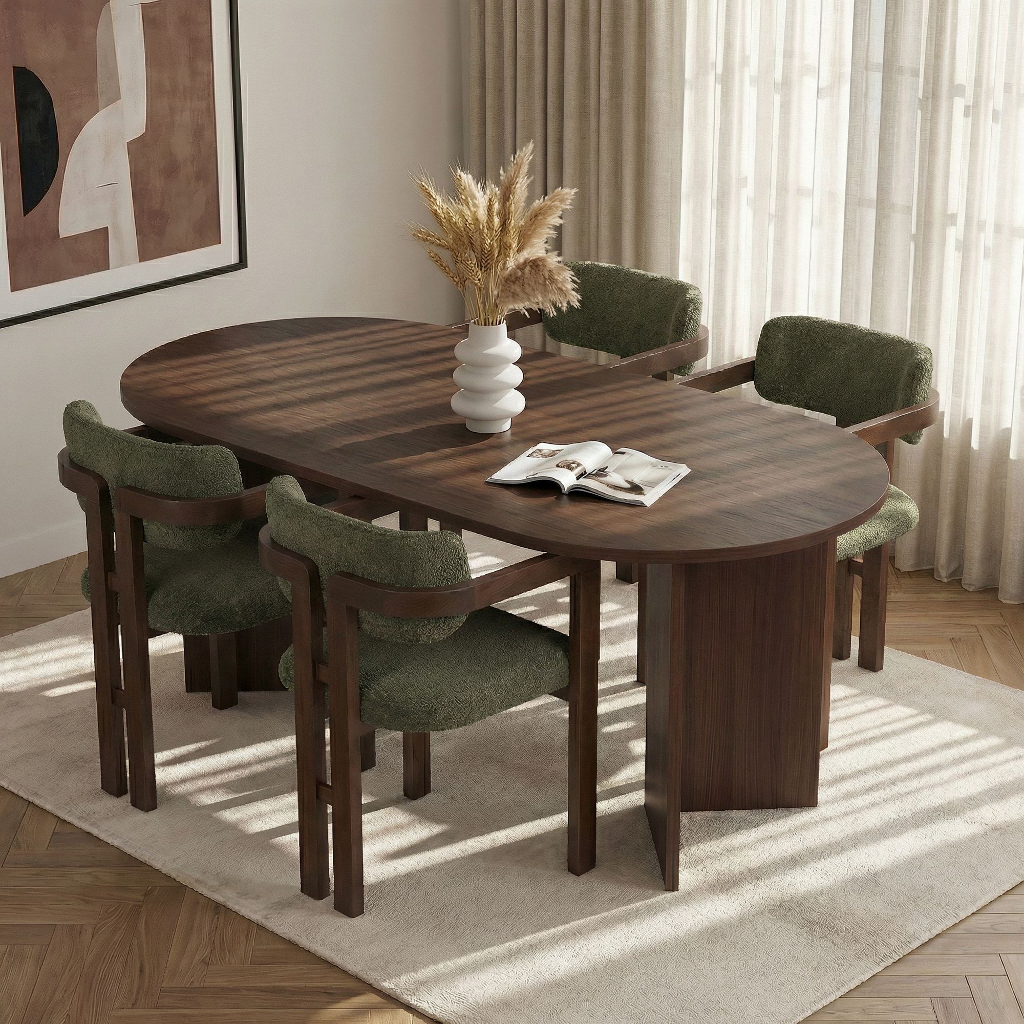 Rani Home Yemek Masası Takımı Milano Ceviz Masa Milano Ceviz Gövdeli Yeşil Kumaşlı Sandalye 180 Cm GE-5807