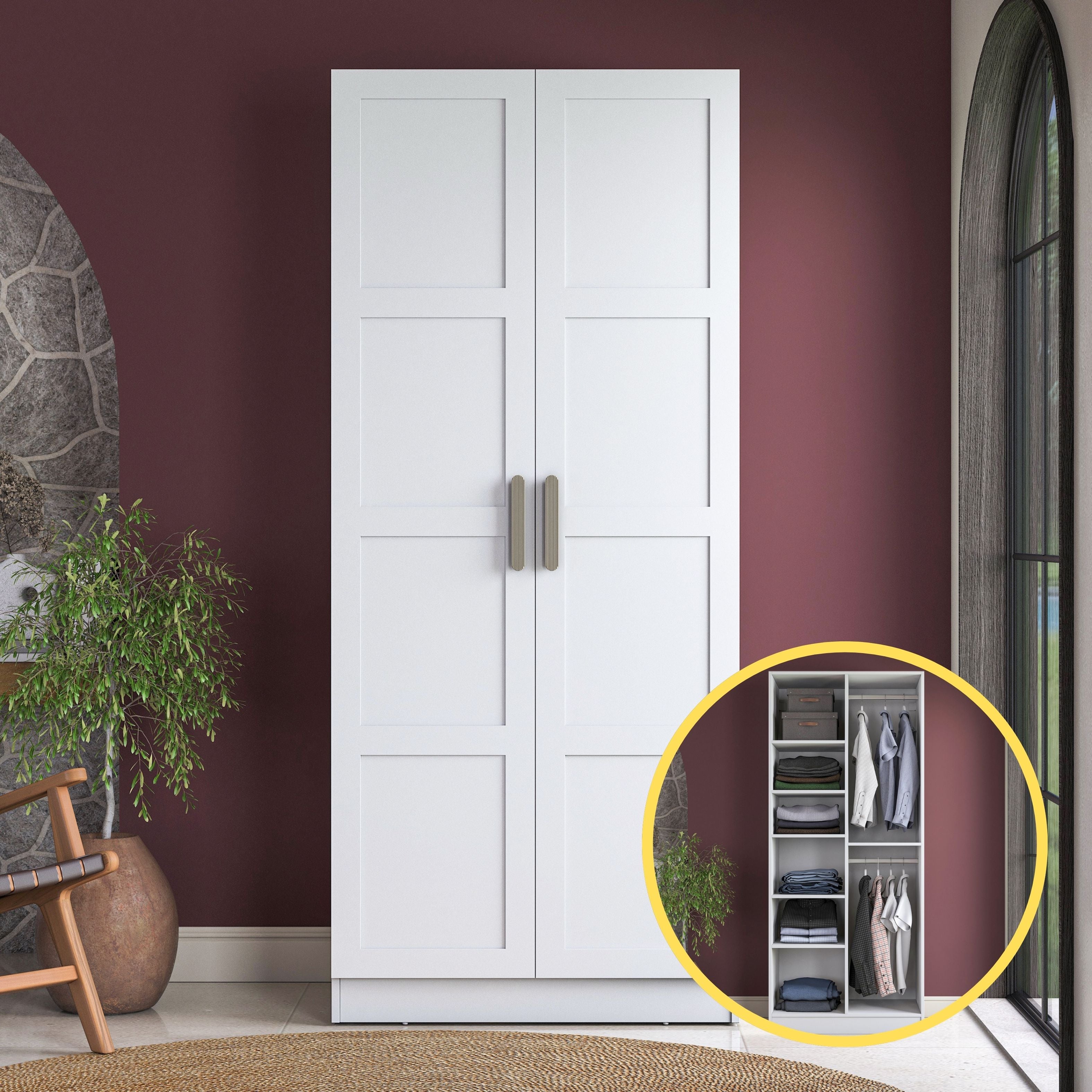 Rani BA221 Membran Kapaklı Gardırop 6 Raflı 2 Kapaklı 2 Askılı Elbise Dolabı Beyaz