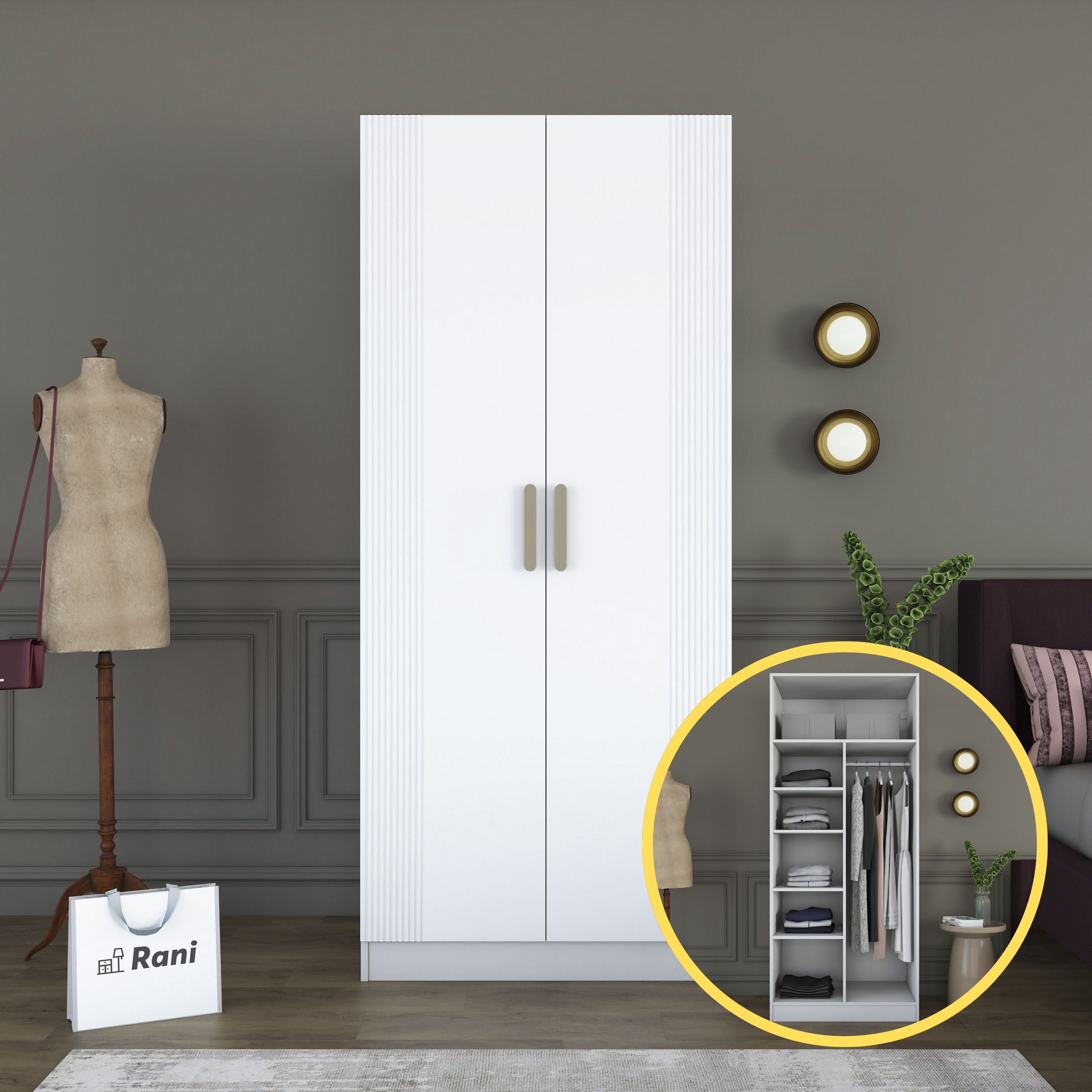 Rani BA225 Membran Kapaklı Gardırop 2 Kapaklı 5 Raflı Askılı Elbise Dolabı Beyaz