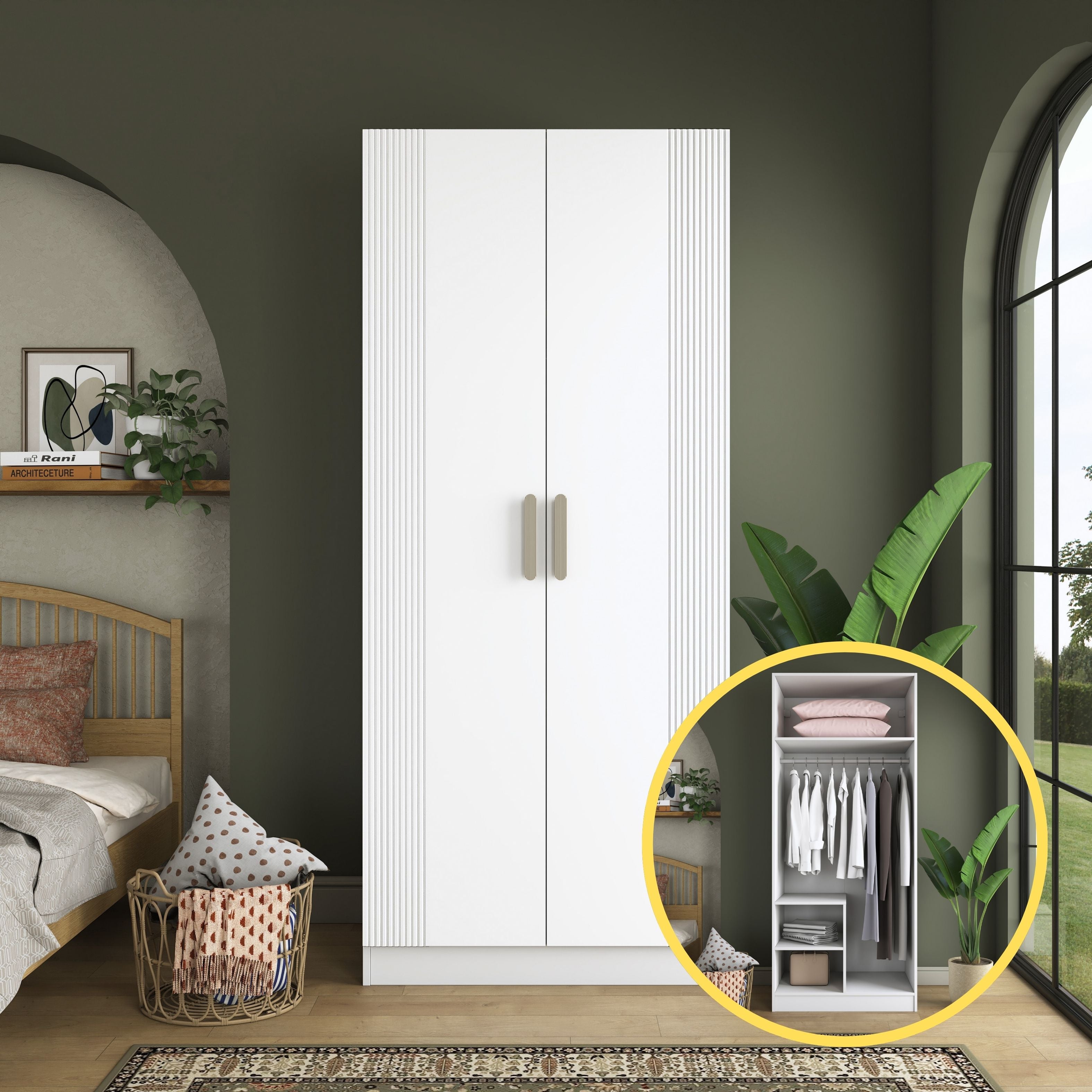 Rani BA228 Membran Kapaklı Gardırop 2 Kapaklı 2 Raflı Askılı Elbise Dolabı Beyaz