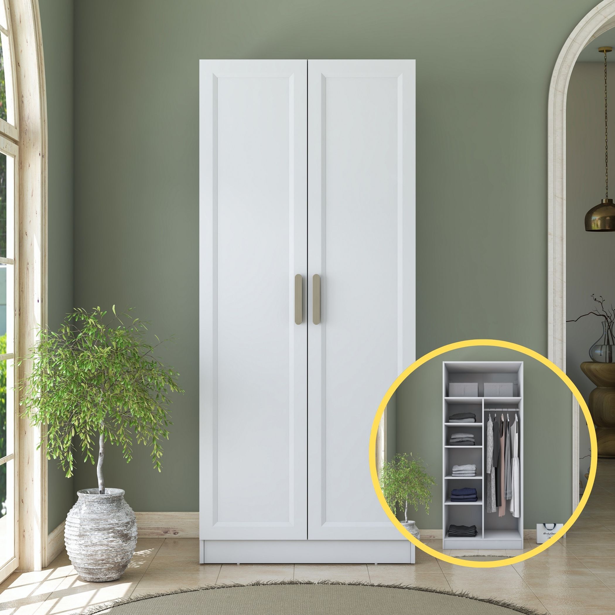 Rani BA223 Membran Kapaklı Gardırop 2 Kapaklı 5 Raflı Askılı Elbise Dolabı Beyaz